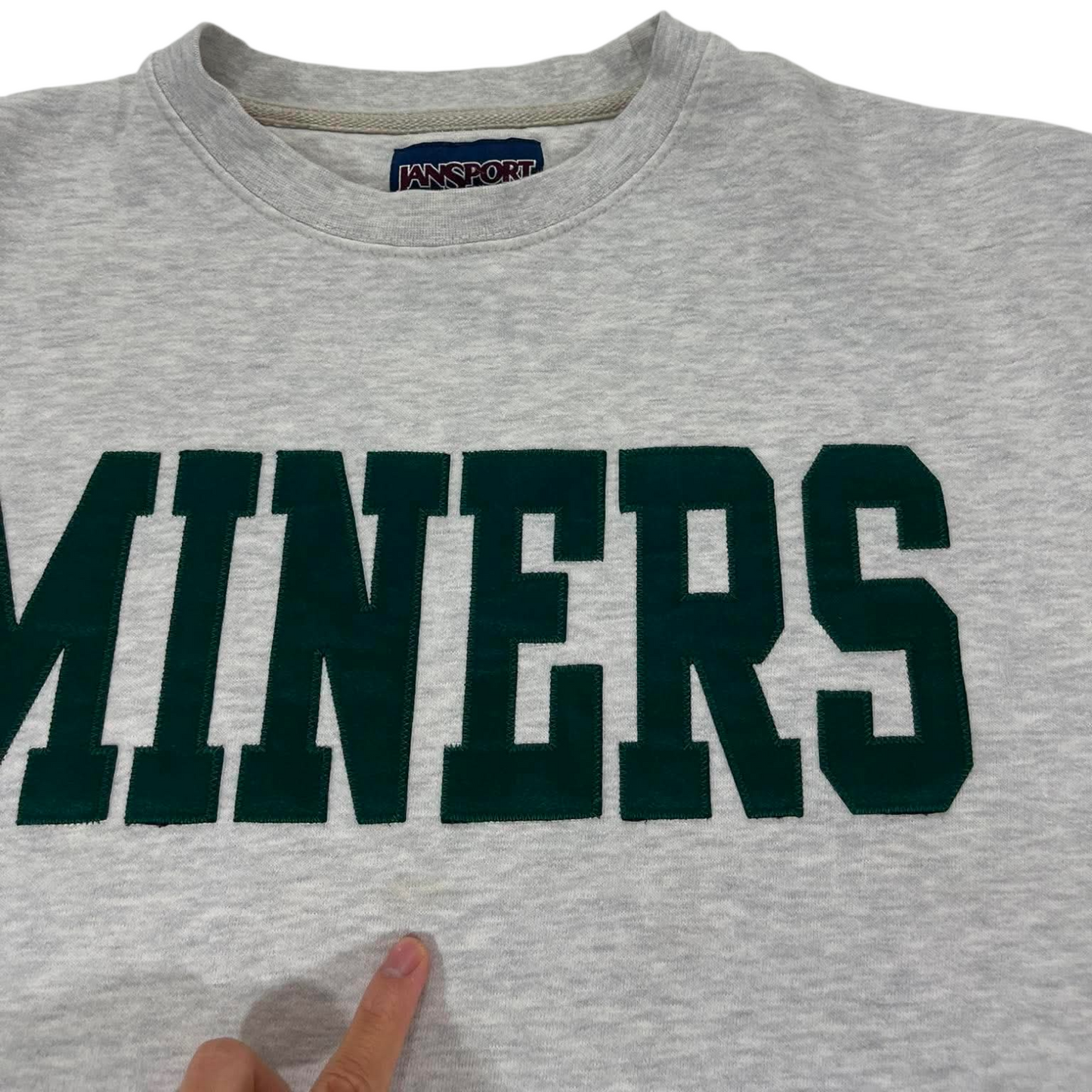 90S GREY AND GREEN EMBROIDERED JANSPORT MINERS CREWNECK (M)