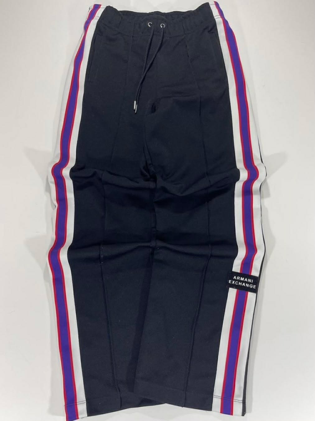 VINTAGE ARAMANI EXHANGE NAVY TRACK PANTS WITH RED AMD WHITE STRIPES(M/30)