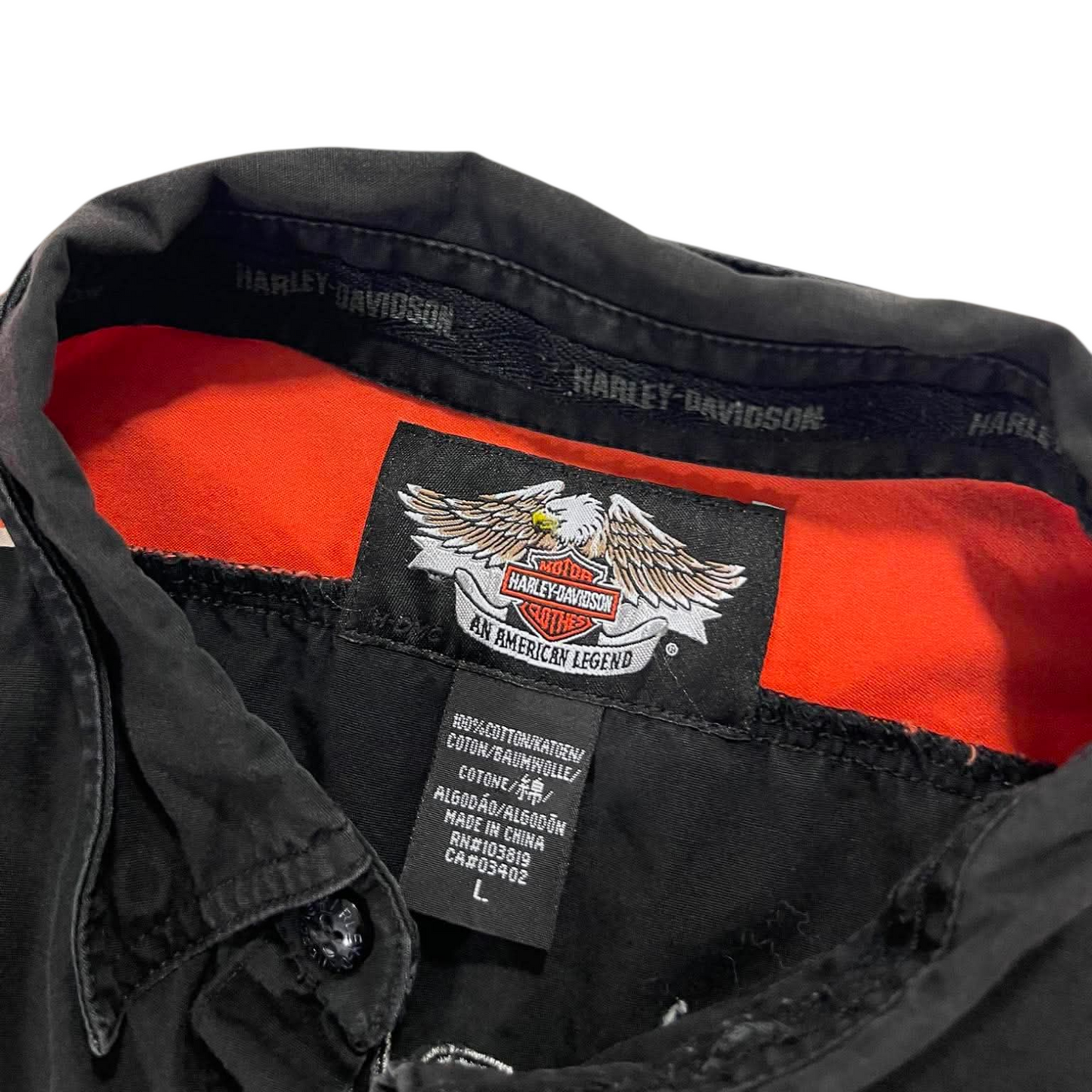 HARLEY DAVIDSON BLACK & ORANGE BUTTON-UP (L)