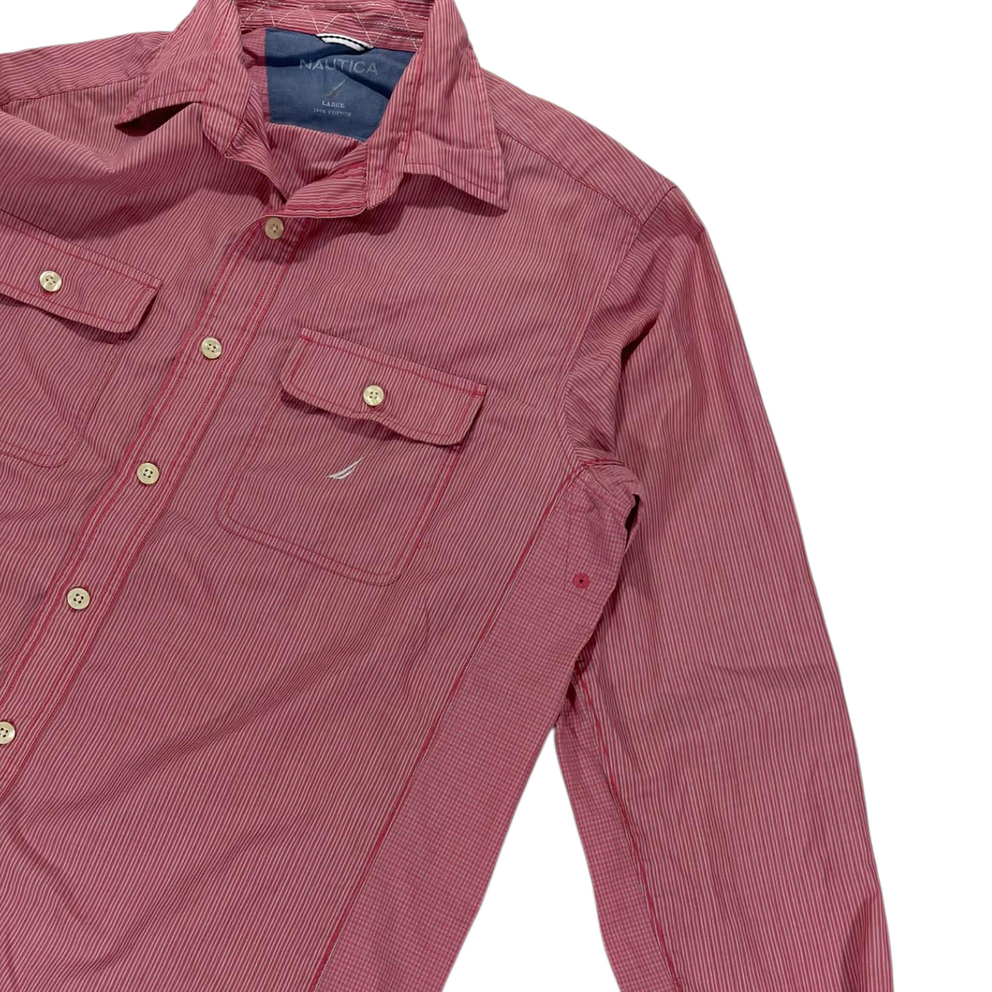 VINTAGE NAUTICA RED STRIPED BUTTON UP SHIRT (L)