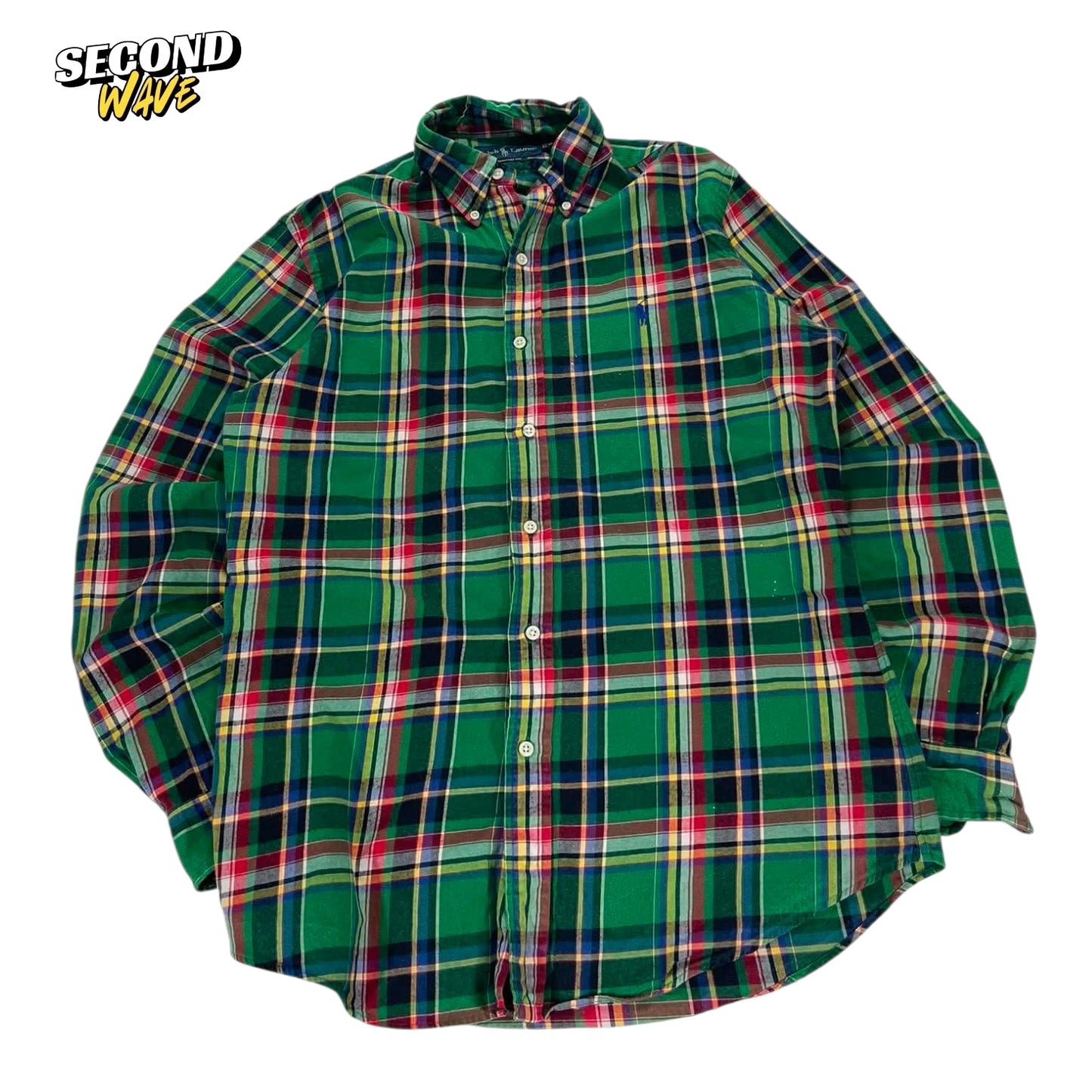 VINTAGE RALPH LAUREN GREEN PLAID BUTTON UP SHIRT (M)