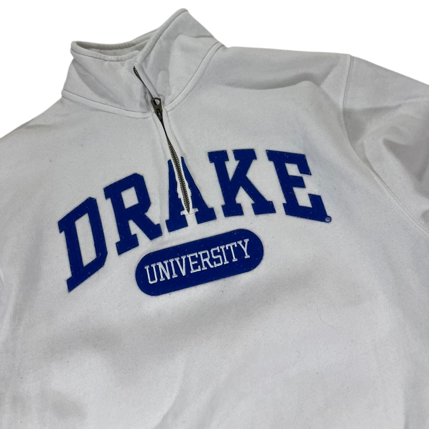 VINTAGE EMBROIDERED DRAKE UNIVERSITY GREY QUARTER ZIP SWEATSHIRT (S-M)
