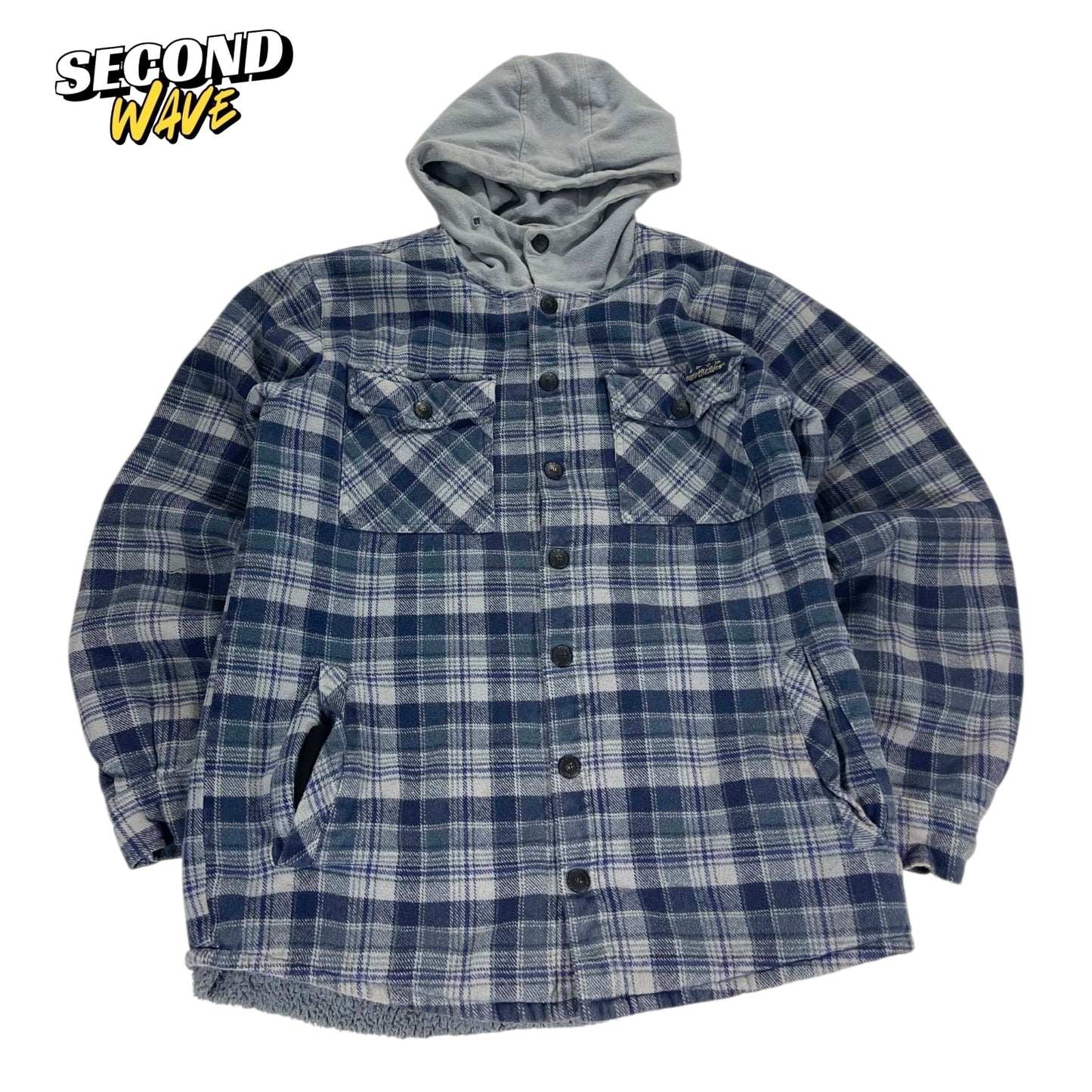 VINTAGE HUNTING & FISHING BLUE & WHITE PLAID FLANNEL JACKET (M)