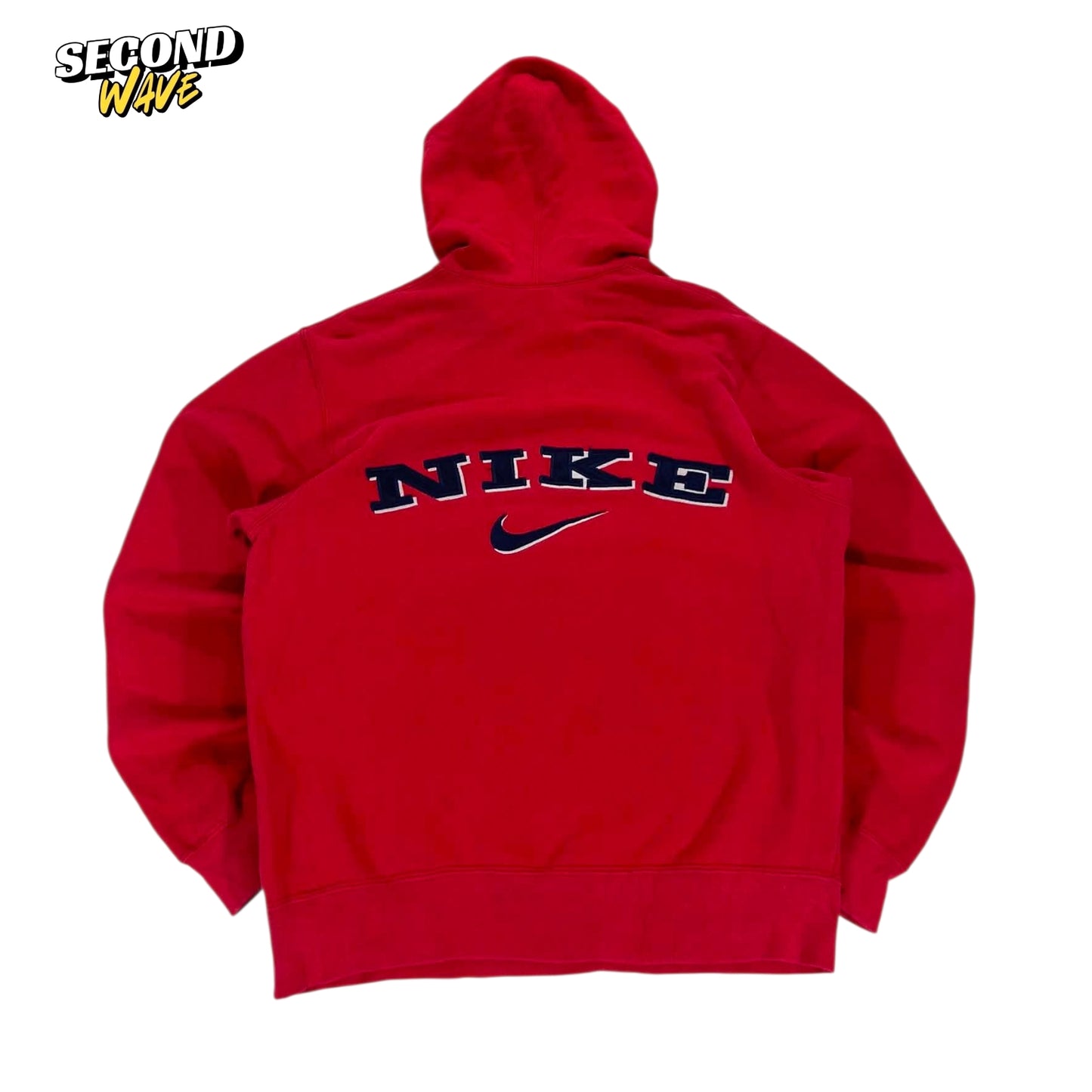VINTAGE NIKE RED EMBROIDERED SPELLOUT HOODIE (M)