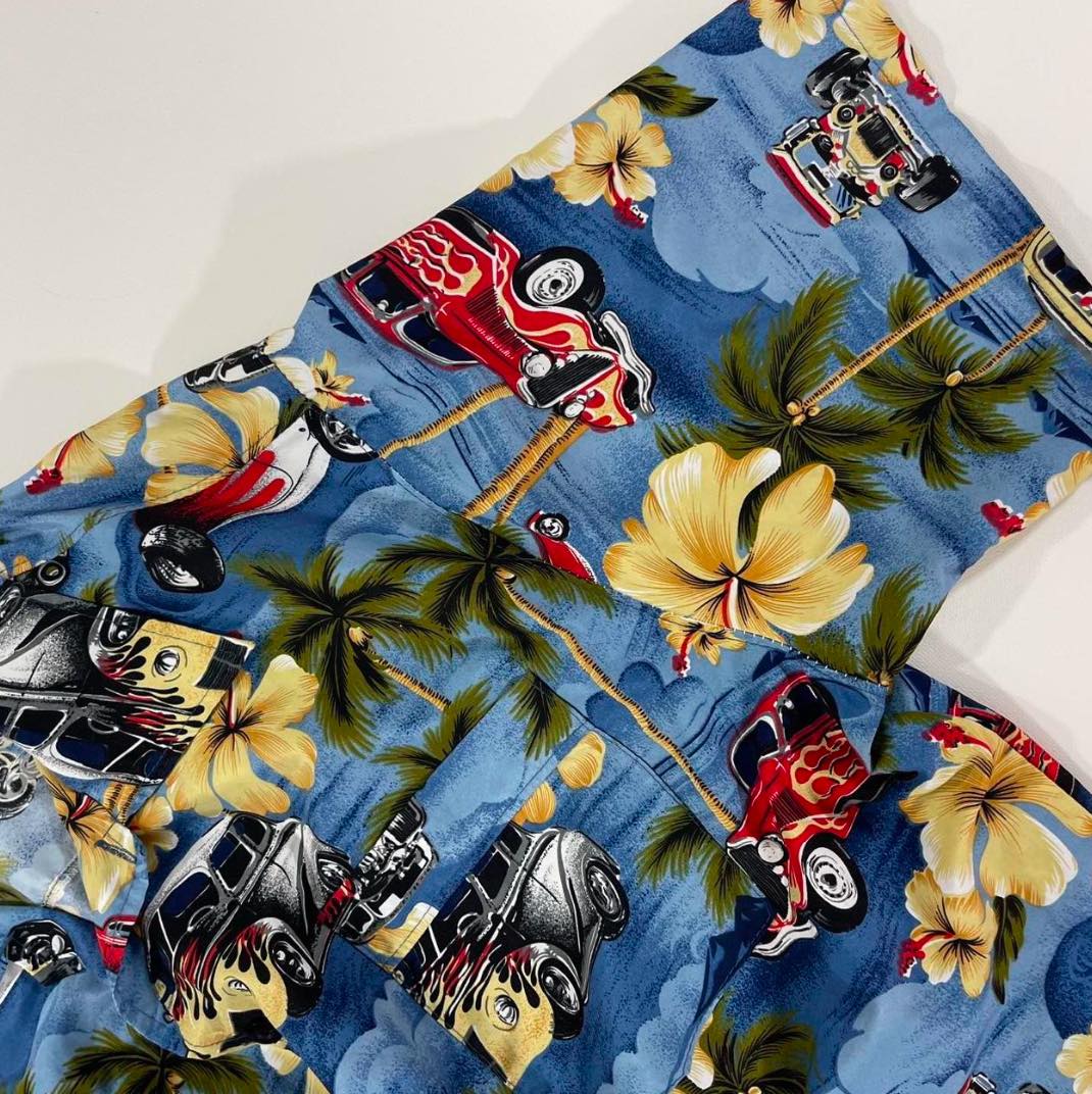 Y2K AOP BLUE HAWAIIAN WITH HOT ROD CARDS AND PALM TREES (2XL-3XL)