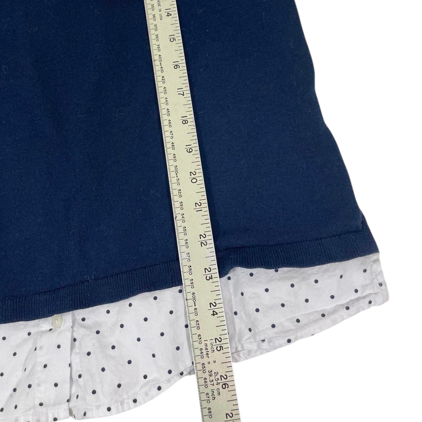 TOMMY HILFIGER NAVY BLUE POLO LONGSLEEVED WITH WHITE POLKA DOT COLLAR AND CUFFS (M)