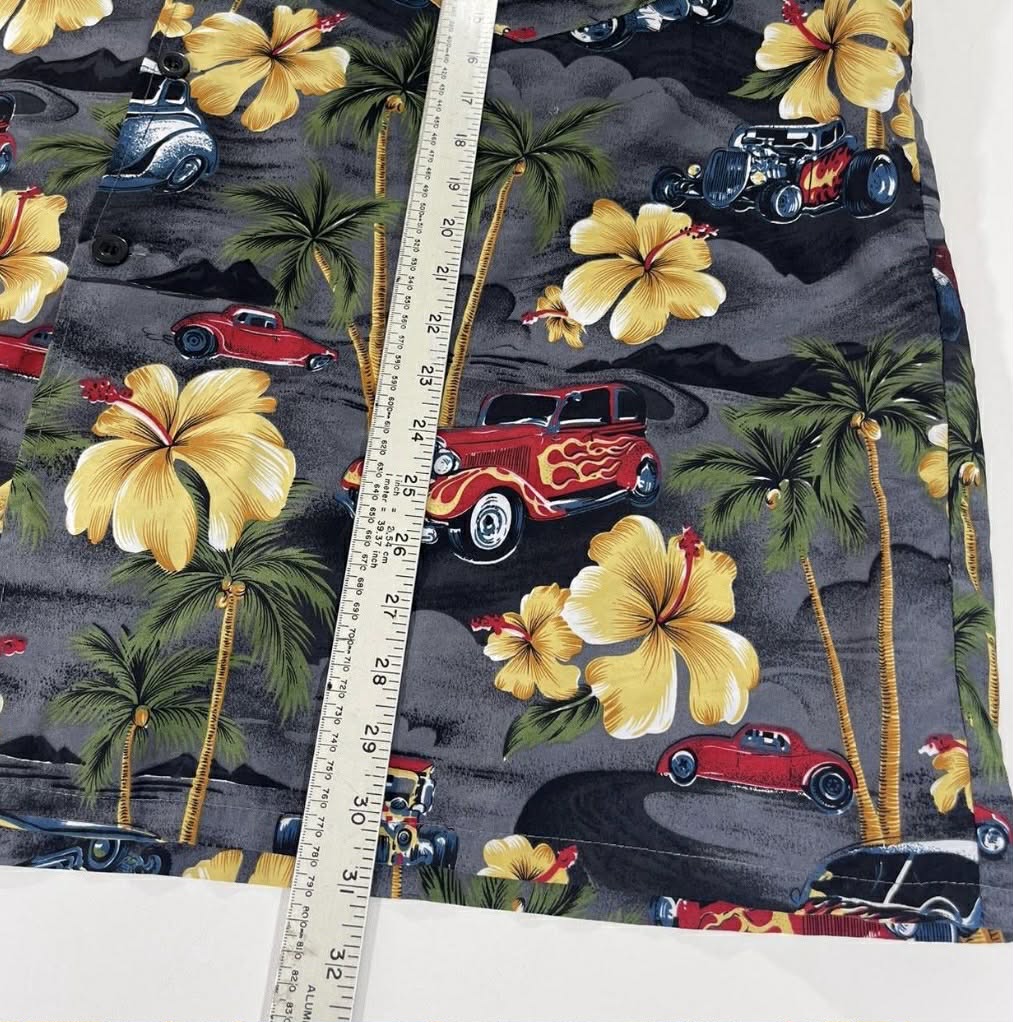 VINTAGE HAWAIIAN MULTICOLOURED SHIRT WITH HOT ROD CARS AND PALM TREES (XL-XXL)