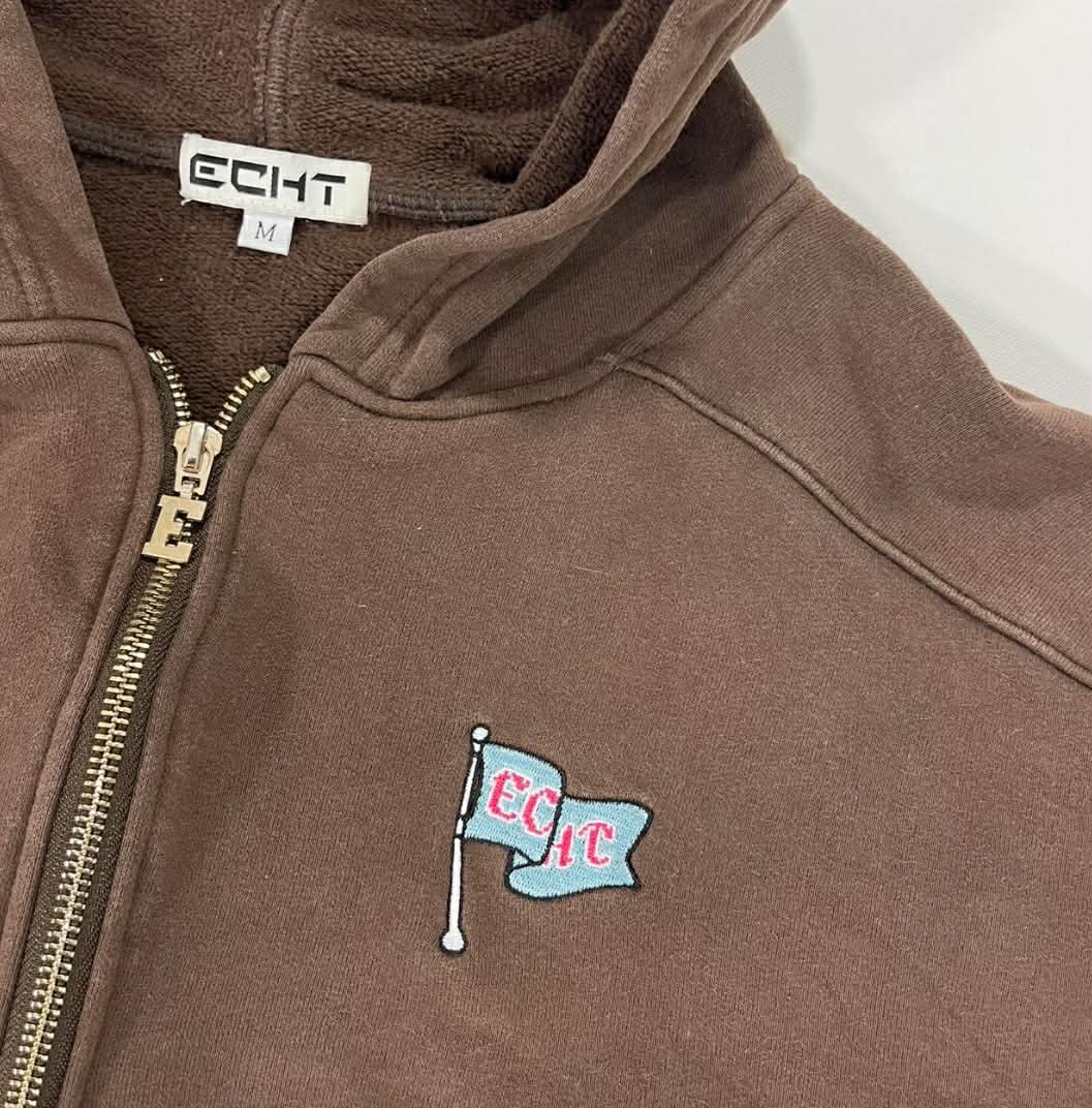 ECHT BROWN QUARTER ZIP HOODIE WITH EMBROIDERED LOGO (M)