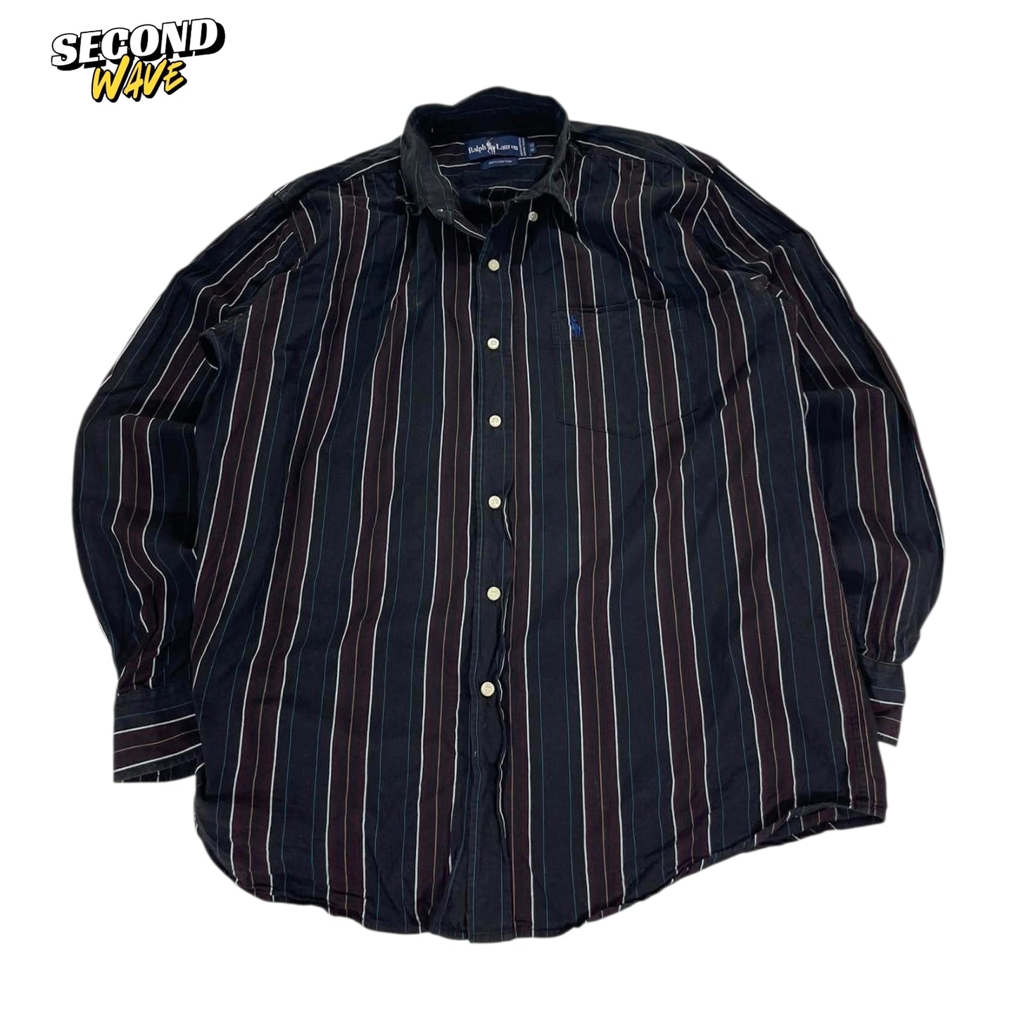 VINTAGE RALPH LAUREN BLACK STRIPED BUTTON UP SHIRT (M-L)
