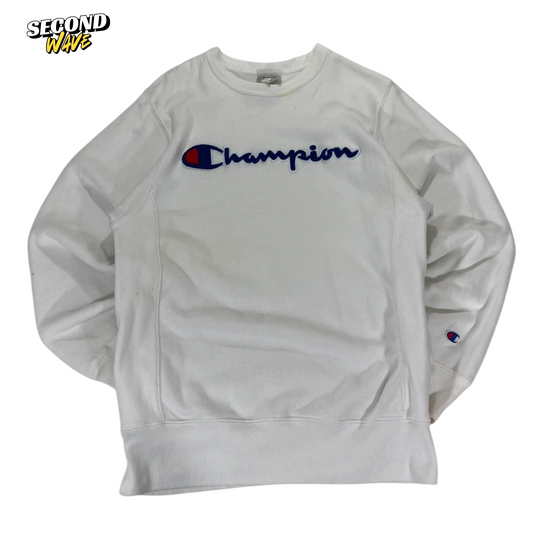 CHAMPION WHITE CREWNECK SWEATSHIRT WITH EMBROIDERED LOGO (S-M)