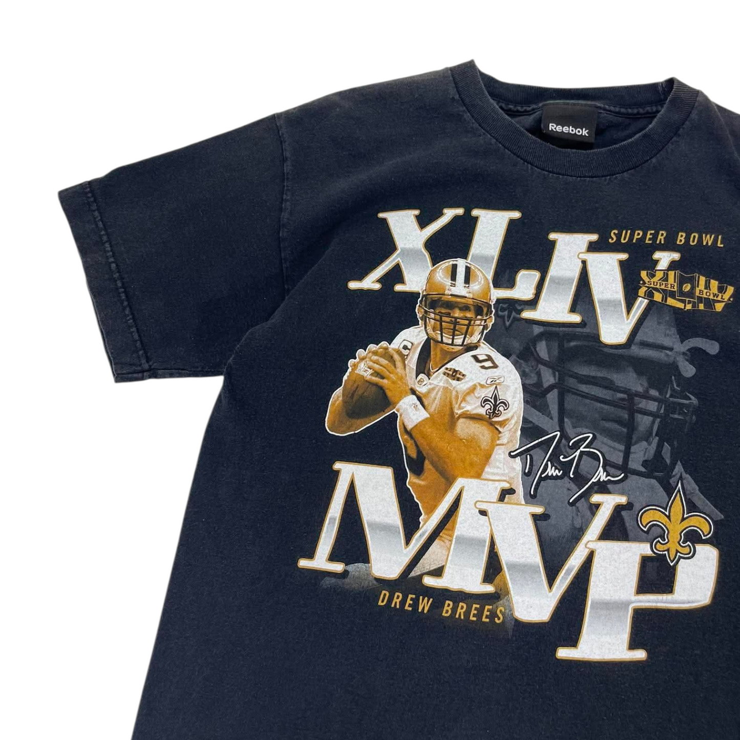 VINTAGE REEBOK DREW BREES SUPER BOWL XLIV MVP BLACK TEE ( S-M)
