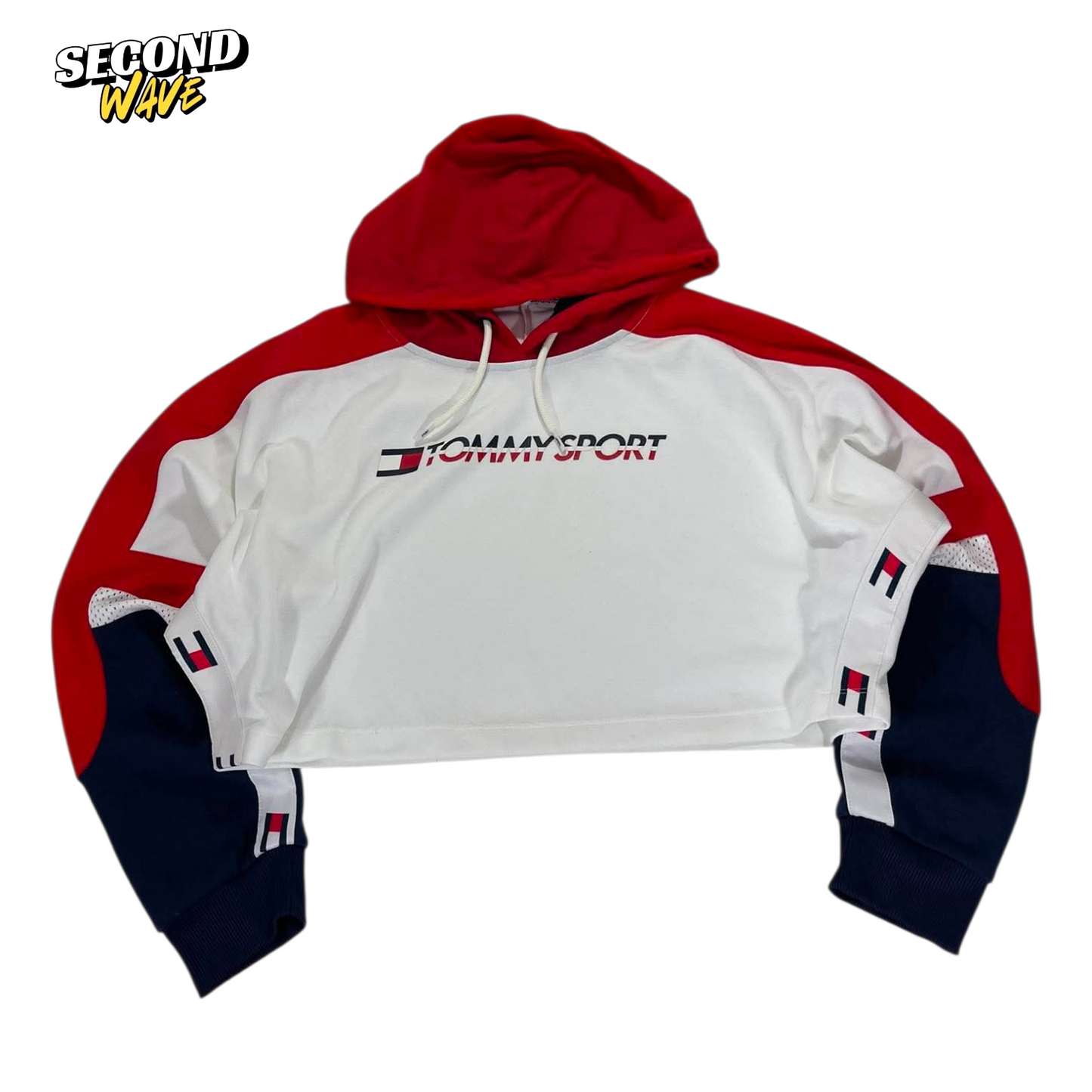 TOMMY HILFIGER RED & WHITE CROPPED HOODIE (M)