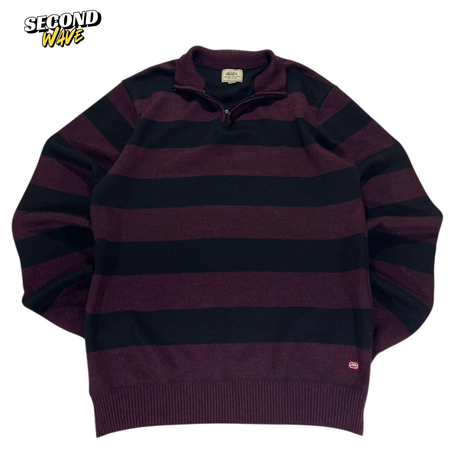 VINTAGE ECKO BURGUNDY STRIPES QUARTER ZIP SWEATER (L)