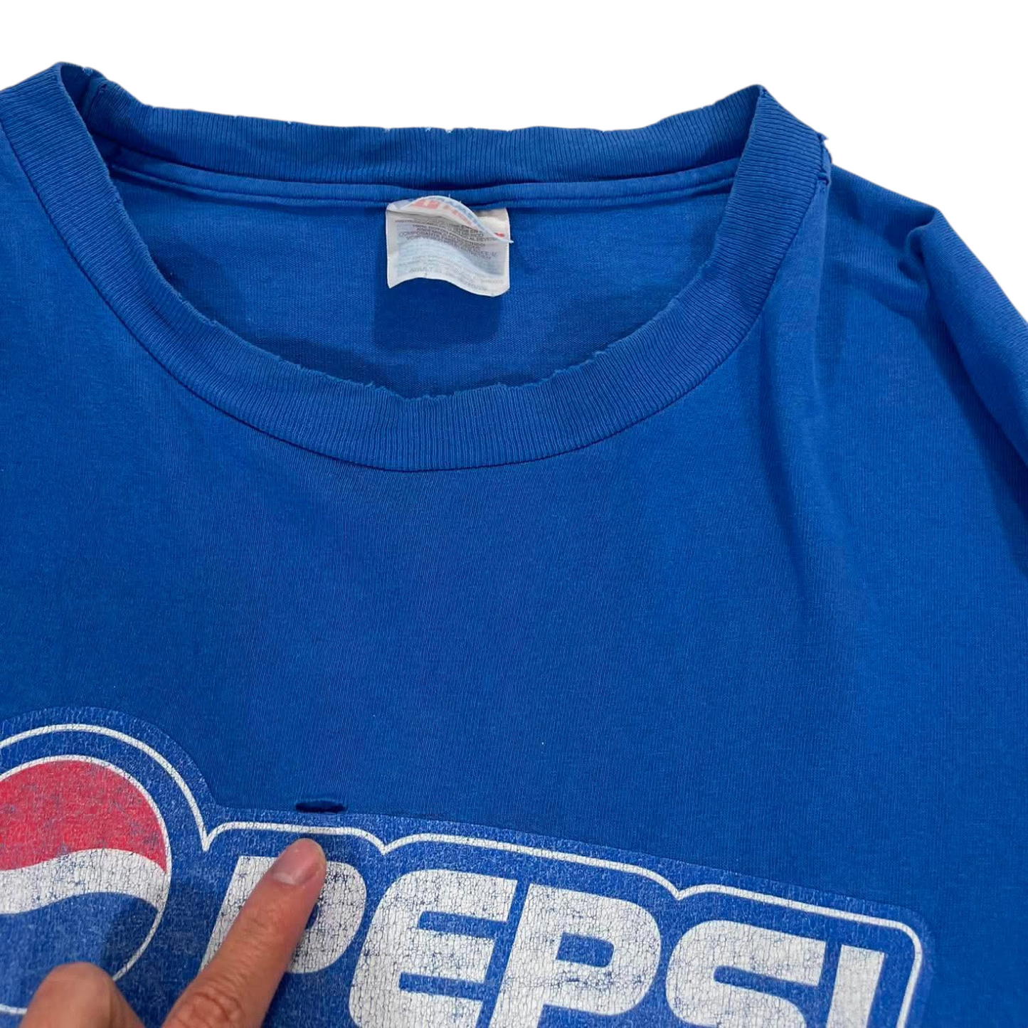 VINTAGE TRASHED PEPSI RACING BLUE COTTON T-SHIRT (L)