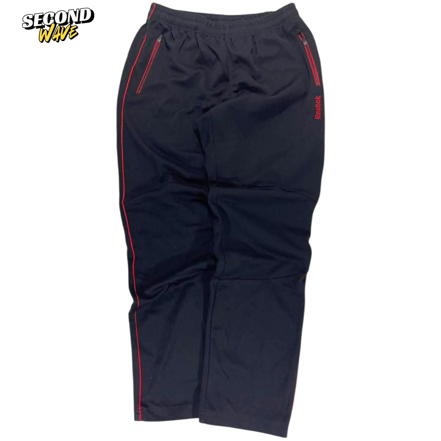 VINTAGE REEBOK BLACK TRACK PANTS WITH RED ACCENTS AND ZIPPER POCKETS (34)