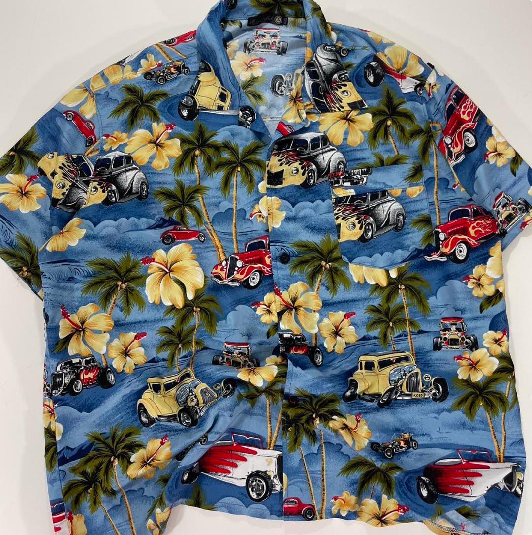 Y2K AOP BLUE HAWAIIAN WITH HOT ROD CARDS AND PALM TREES (2XL-3XL)