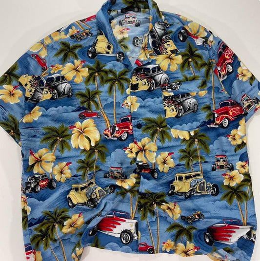 Y2K AOP BLUE HAWAIIAN WITH HOT ROD CARDS AND PALM TREES (2XL-3XL)