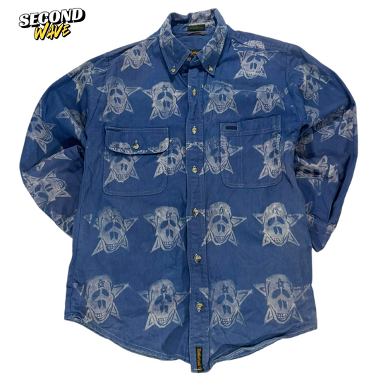 VINTAGE TIMBERLAND BLUE BUTTON UP SHIRT WITH SKULL DESIGN (M)