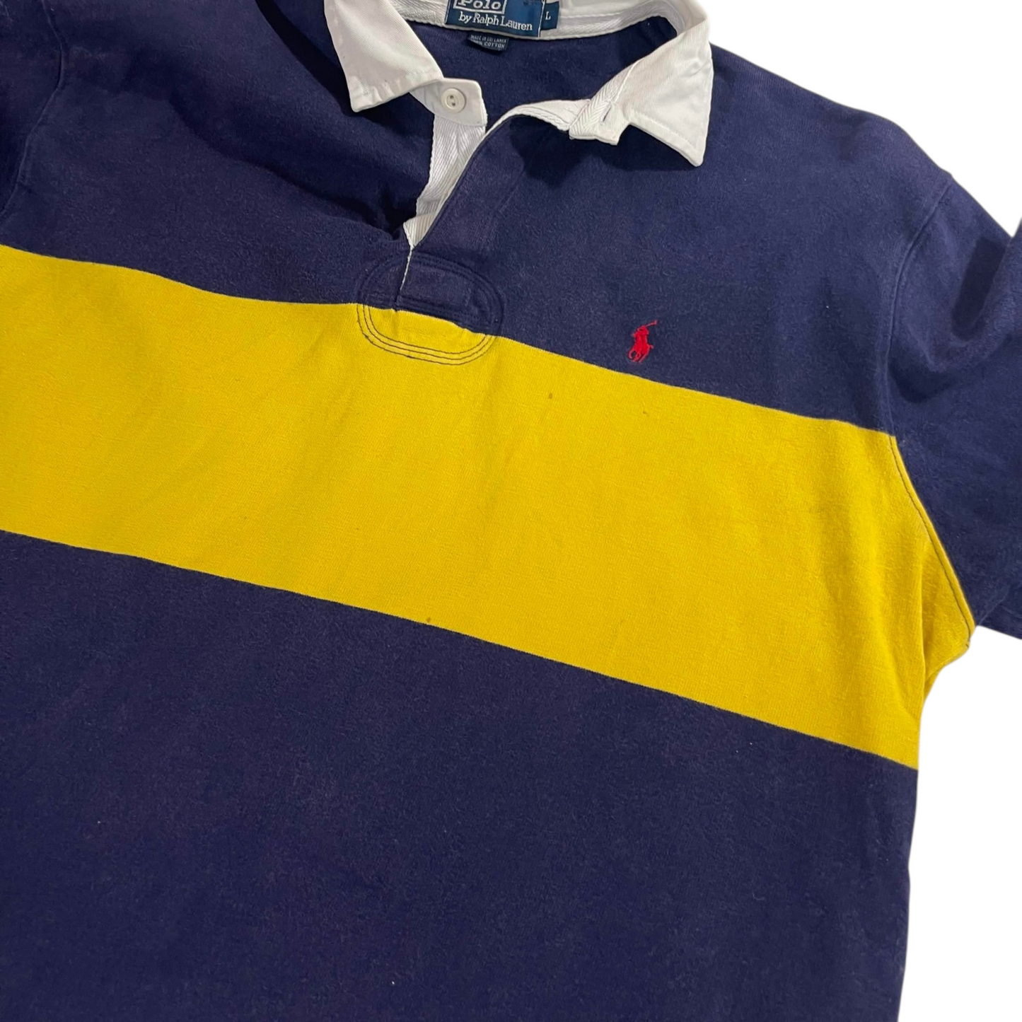 VINTAGE POLO RALPH LAUREN BLUE & YELLOW RUGBY SHIRT (L)