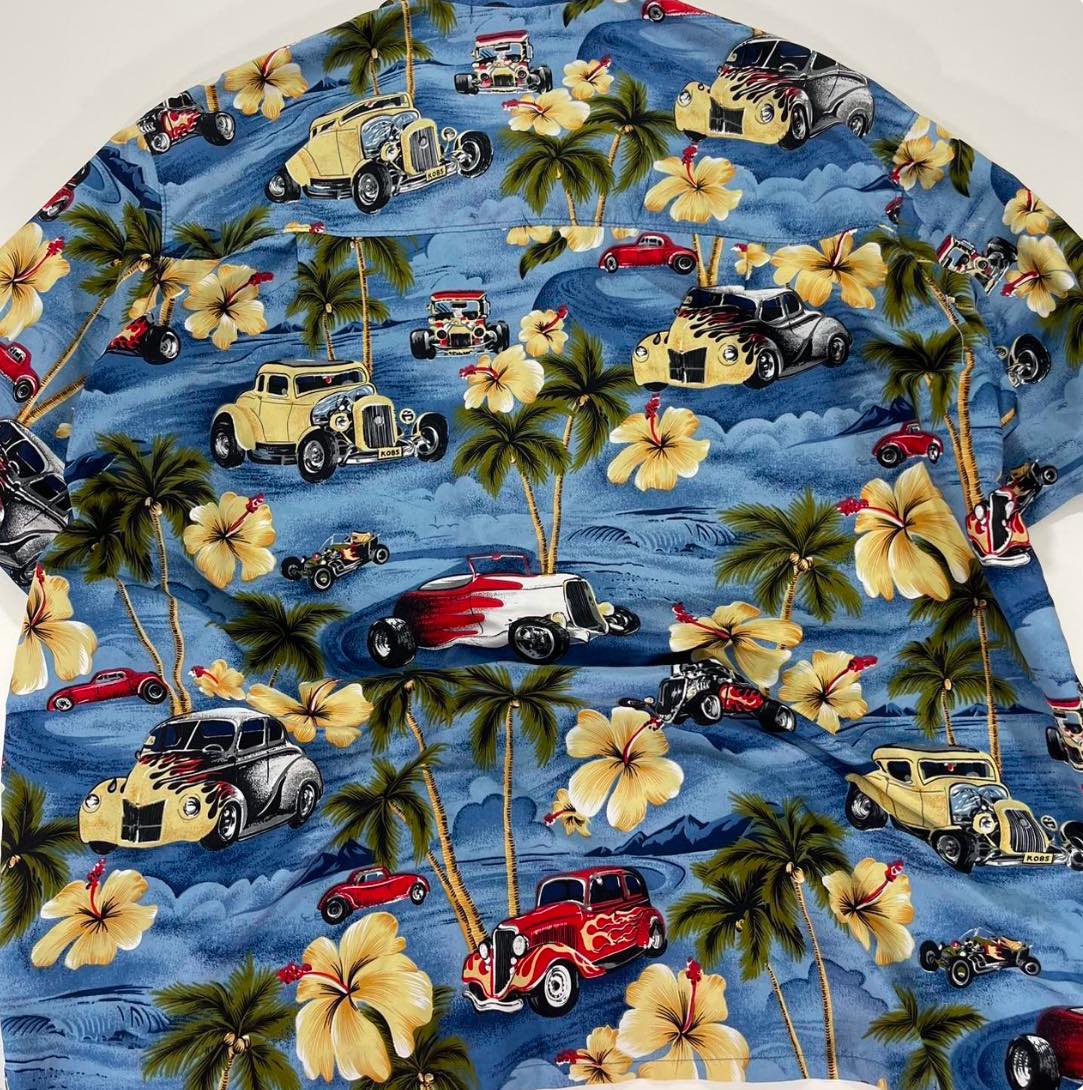 Y2K AOP BLUE HAWAIIAN WITH HOT ROD CARDS AND PALM TREES (2XL-3XL)
