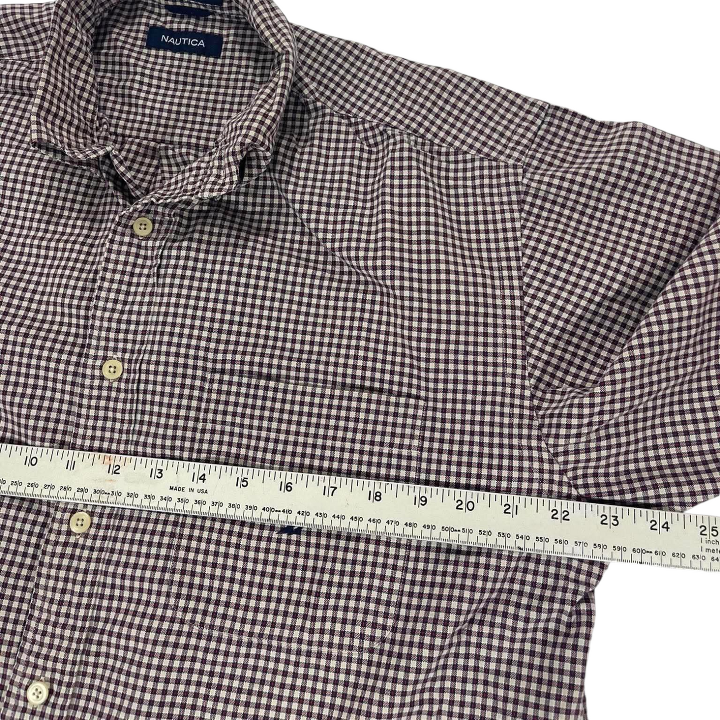 NAUTICA BROWN GINGHAM BUTTON DOWN SHIRT (L)