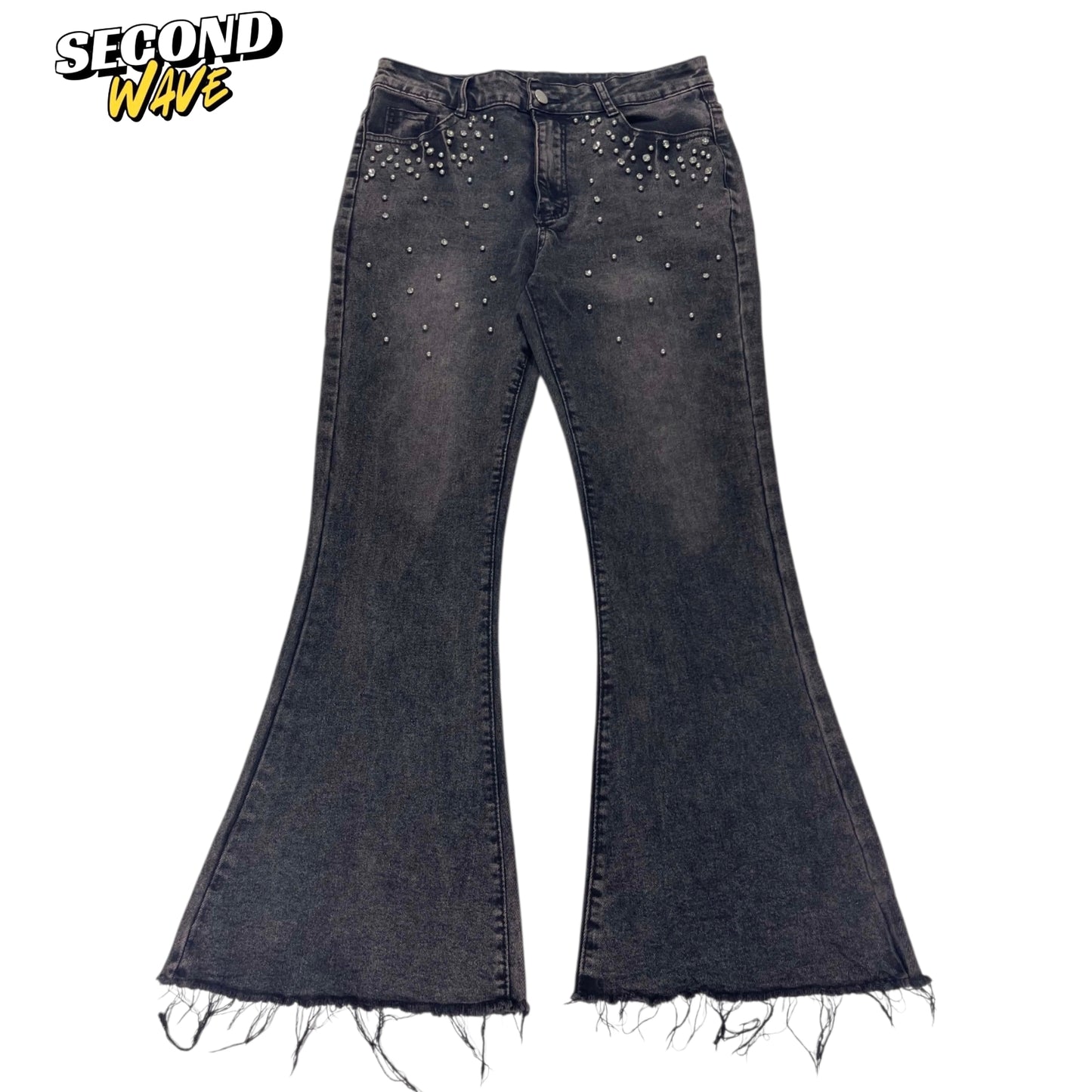 Y2K BLACK STUDDED FLARE JEANS (30)