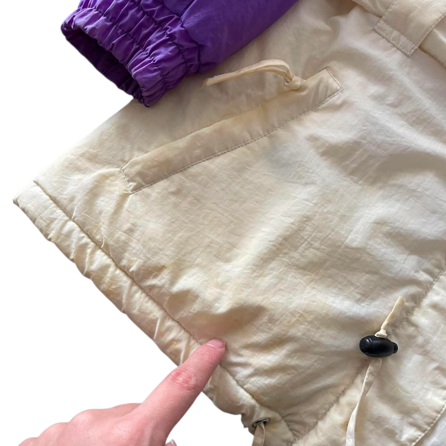 CREAM AND PURPLE VINTAGE REVERSIBLE SKI JACKET WITH HOOD (L)