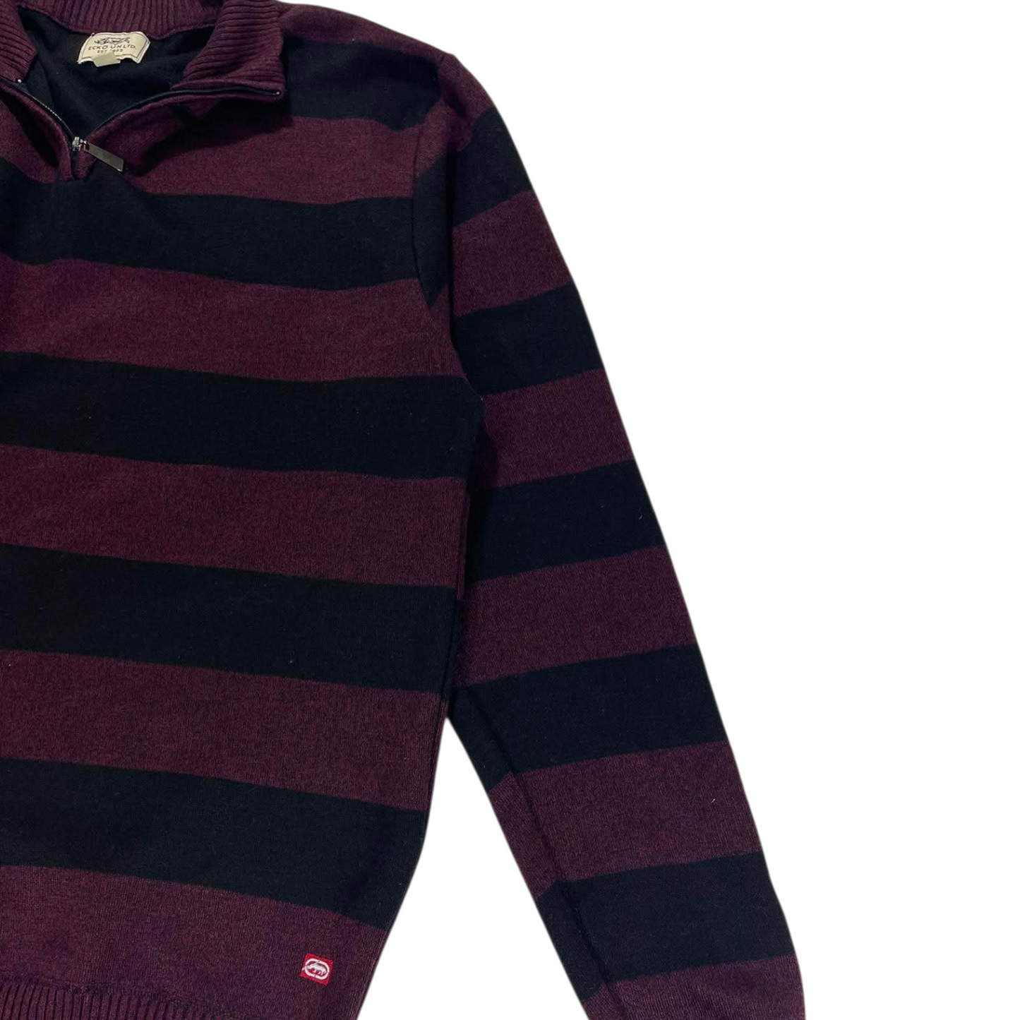 VINTAGE ECKO BURGUNDY STRIPES QUARTER ZIP SWEATER (L)