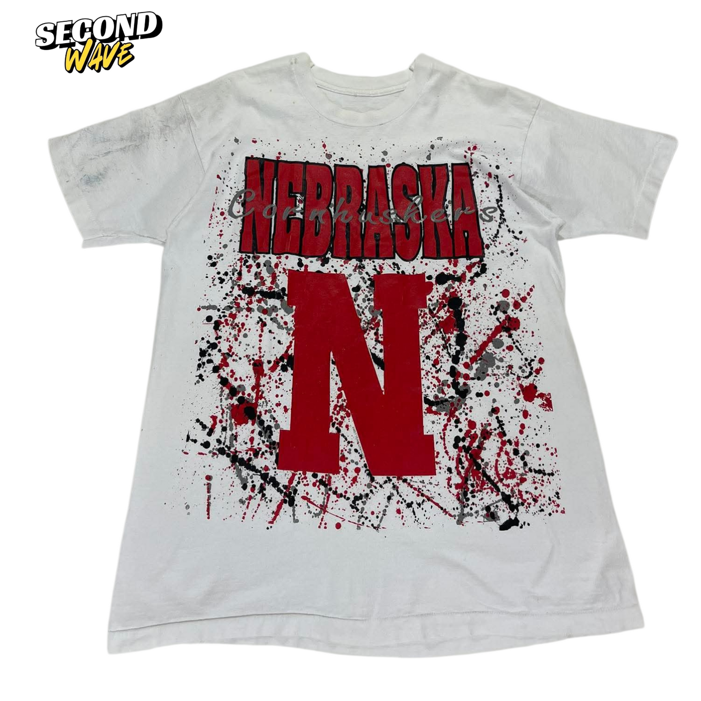 VINTAGE SINGLE STITCHED NEBRASKA CORNHUSKERS WHITE & RED TEE (M)