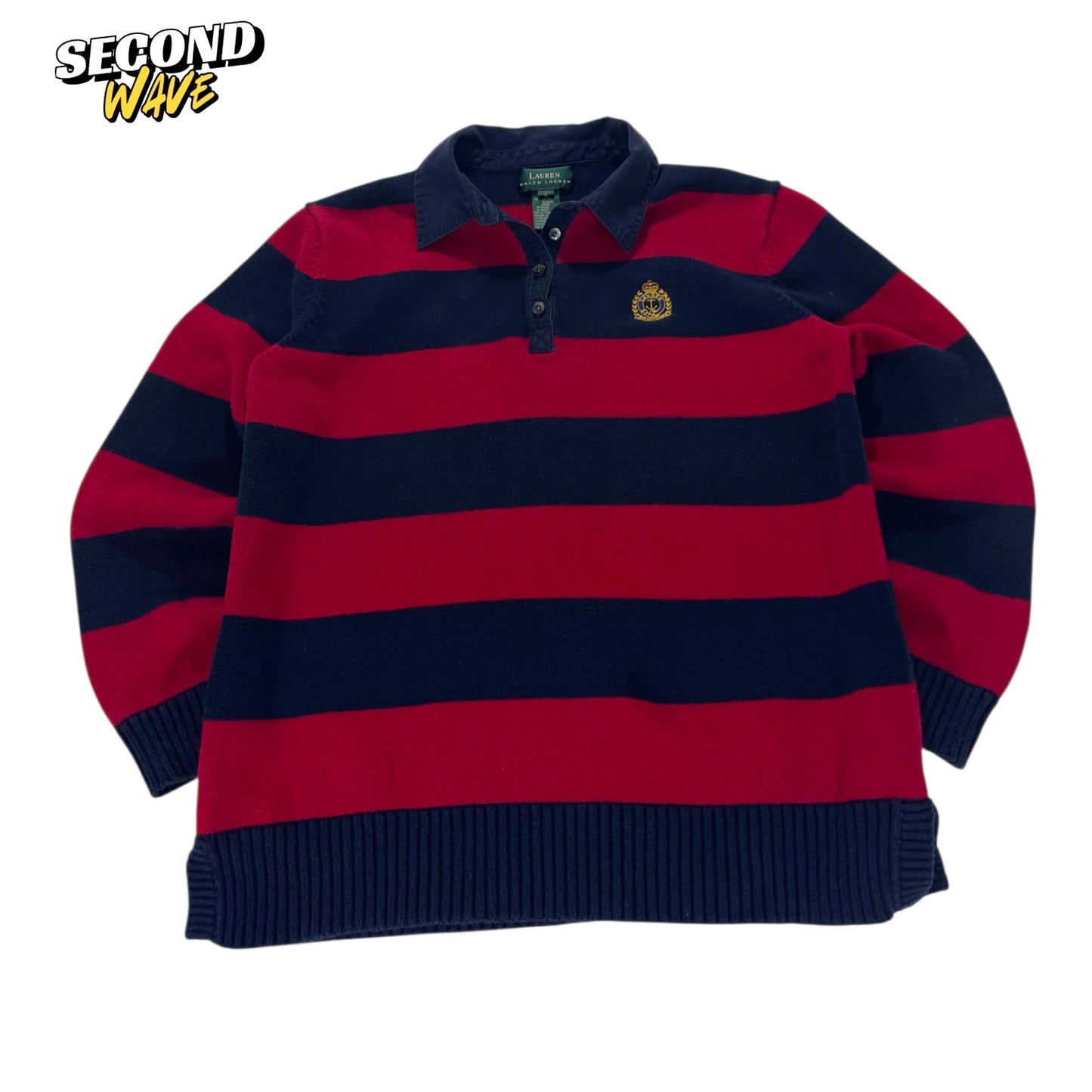 100% COTTON VINTAGE RALPH LAUREN RED AND NAVY SRRIPED RUGBY SHIRT (M)