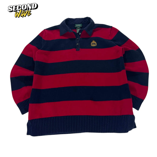 100% COTTON VINTAGE RALPH LAUREN RED AND NAVY SRRIPED RUGBY SHIRT (M)