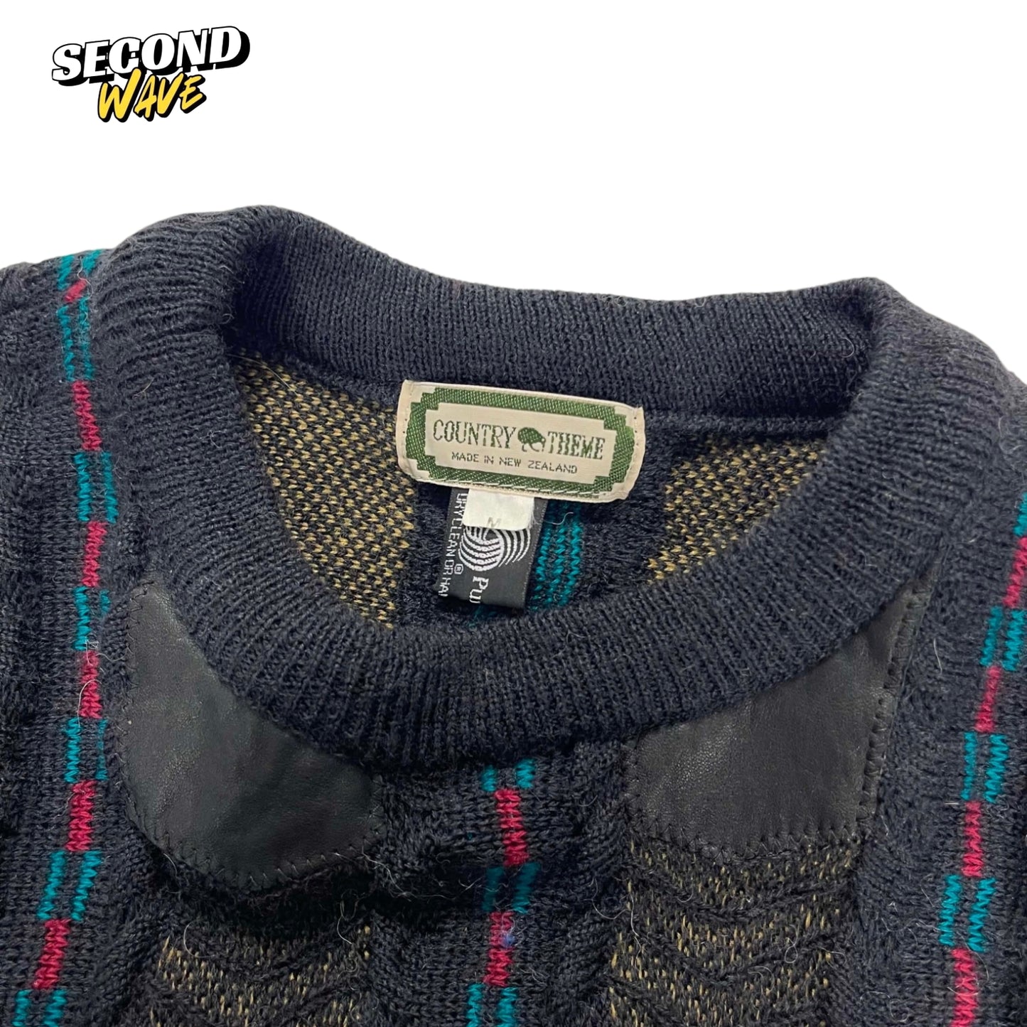 90S COUNTRY THEME PURE WOOL BLACK KNIT SWEATER (M)