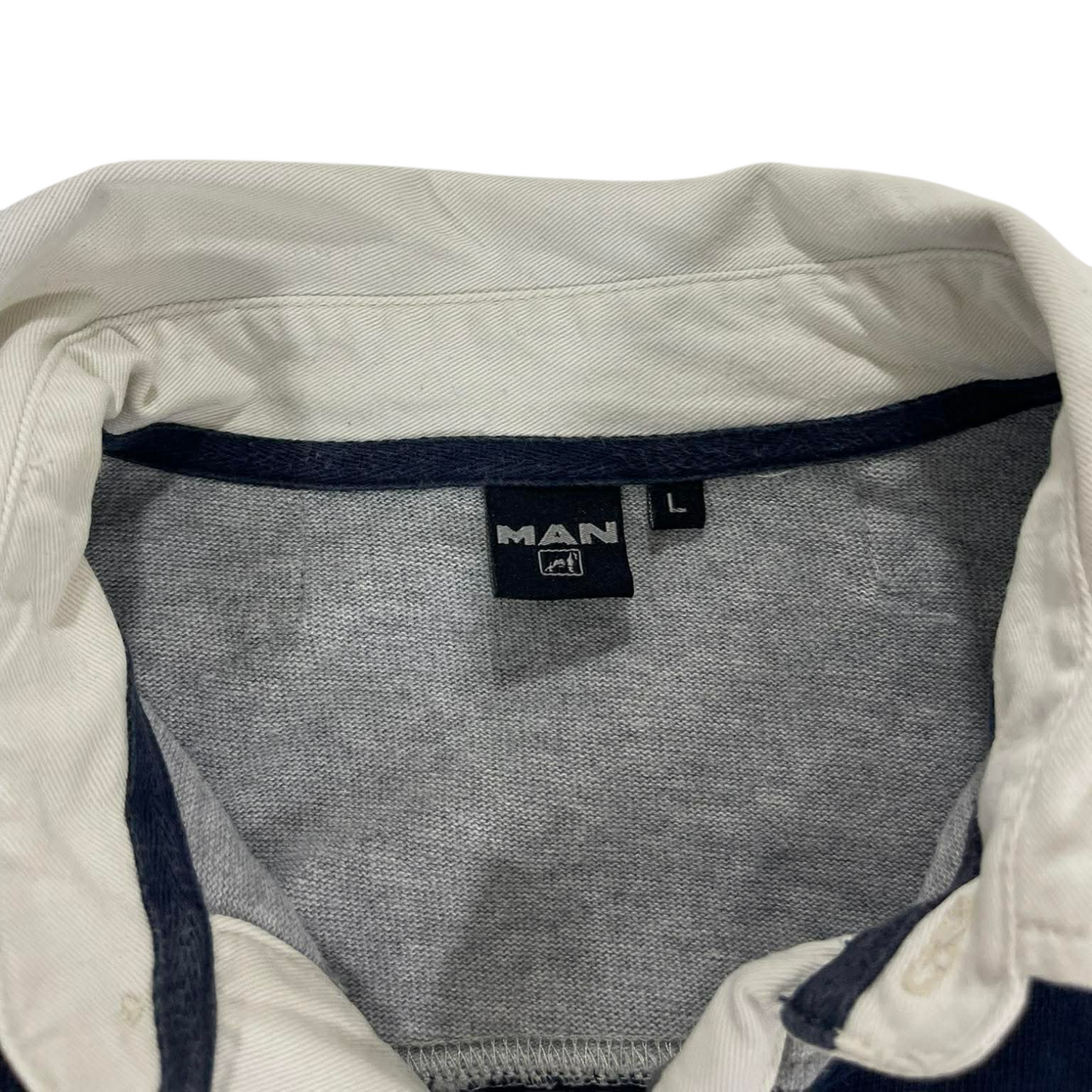 MAN NAVY BLUE & GREY STRIPED LONG SLEEVE POLO SHIRT (L)