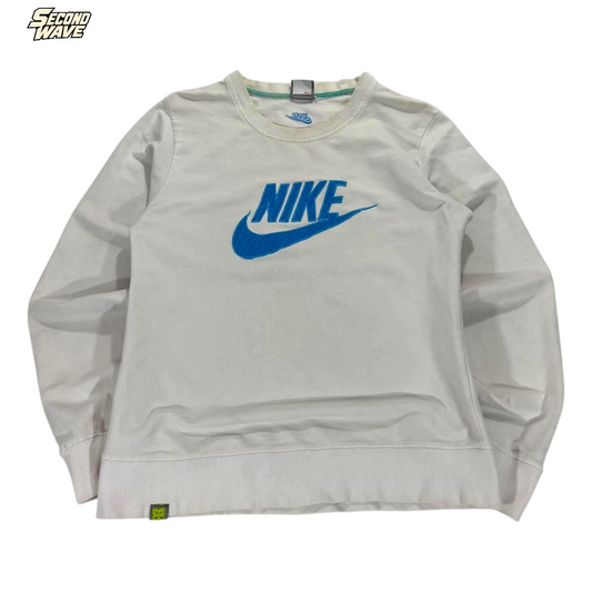 VINTAGE TRASHED NIKE WHITE & BLUE CREWNECK (BEST FIT SMALL)