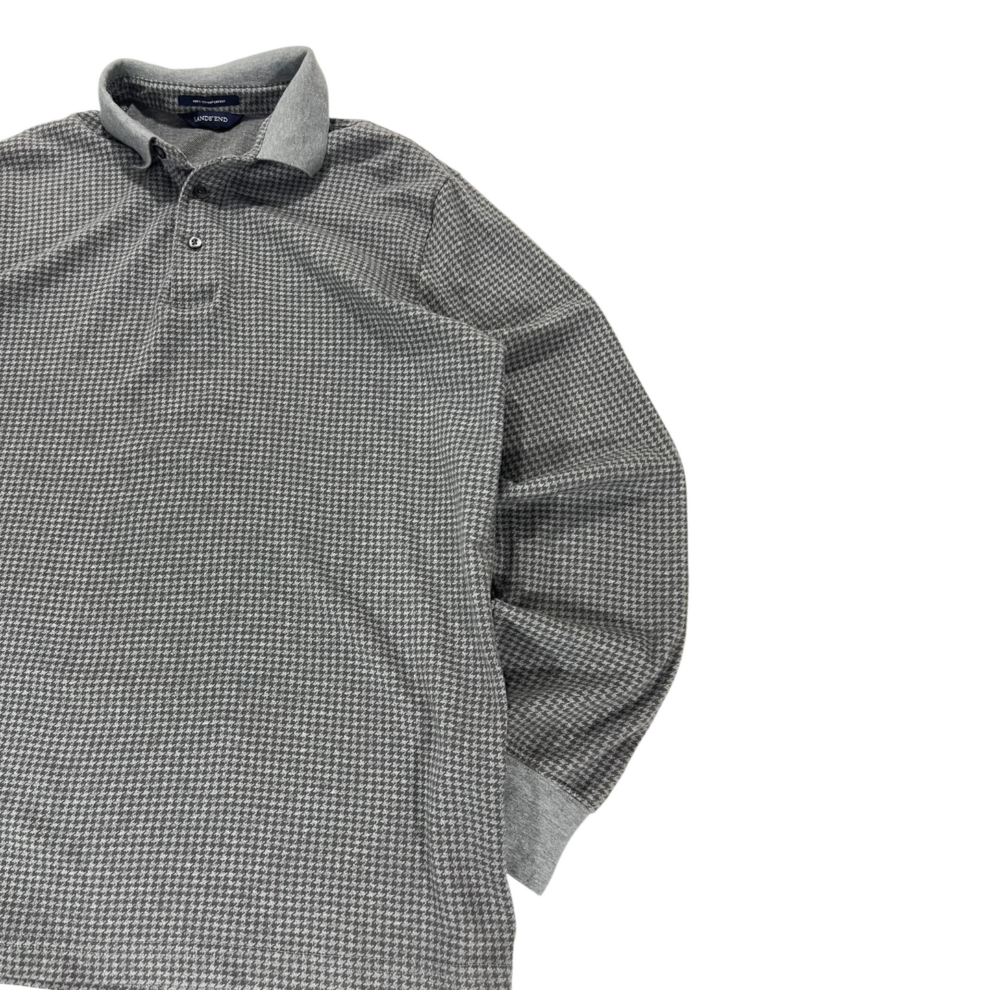 LANDS 'END GREY HOUNDSTOOTH LONG SLEEVE POLO SHIRT (M)