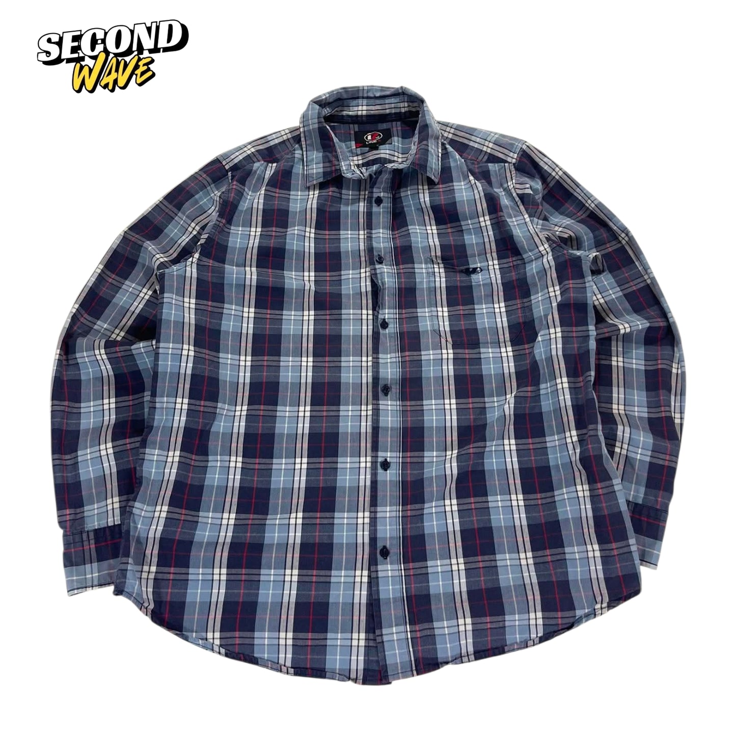 90S LINE 7 BLUE PLAID BUTTON UP SHIRT (L)