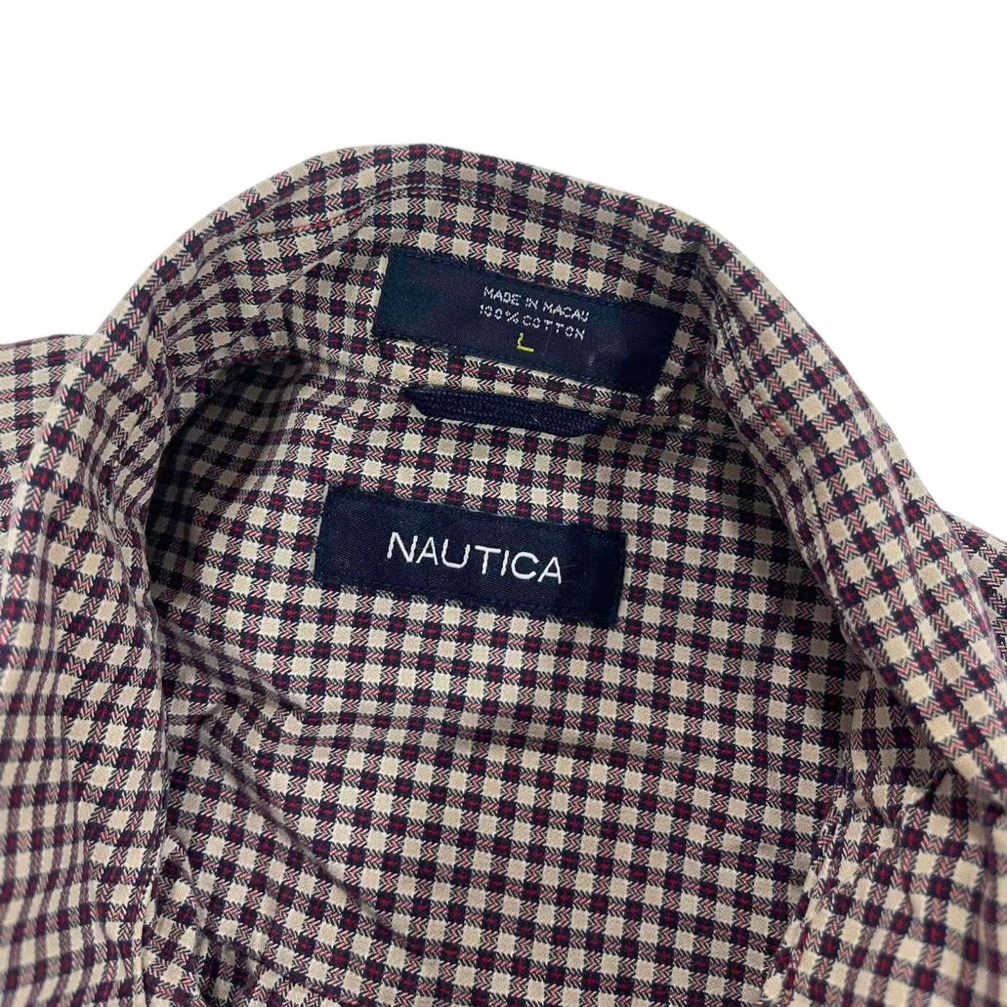 NAUTICA BROWN GINGHAM BUTTON DOWN SHIRT (L)