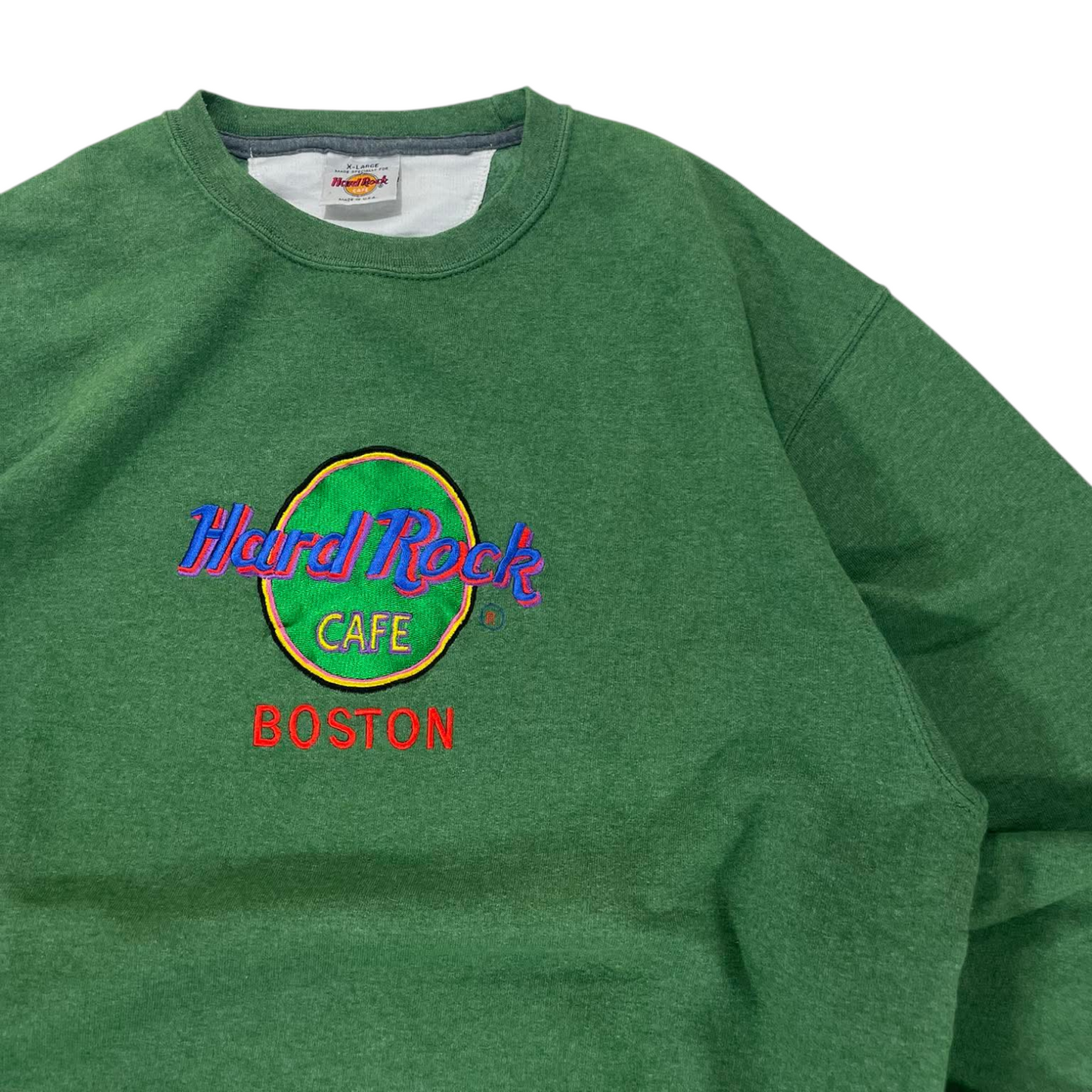 VINTAGE EMBROIDERED HARD ROCK CAFE BOSTON GREEN CREWNECK SWEATSHIRT (XL)