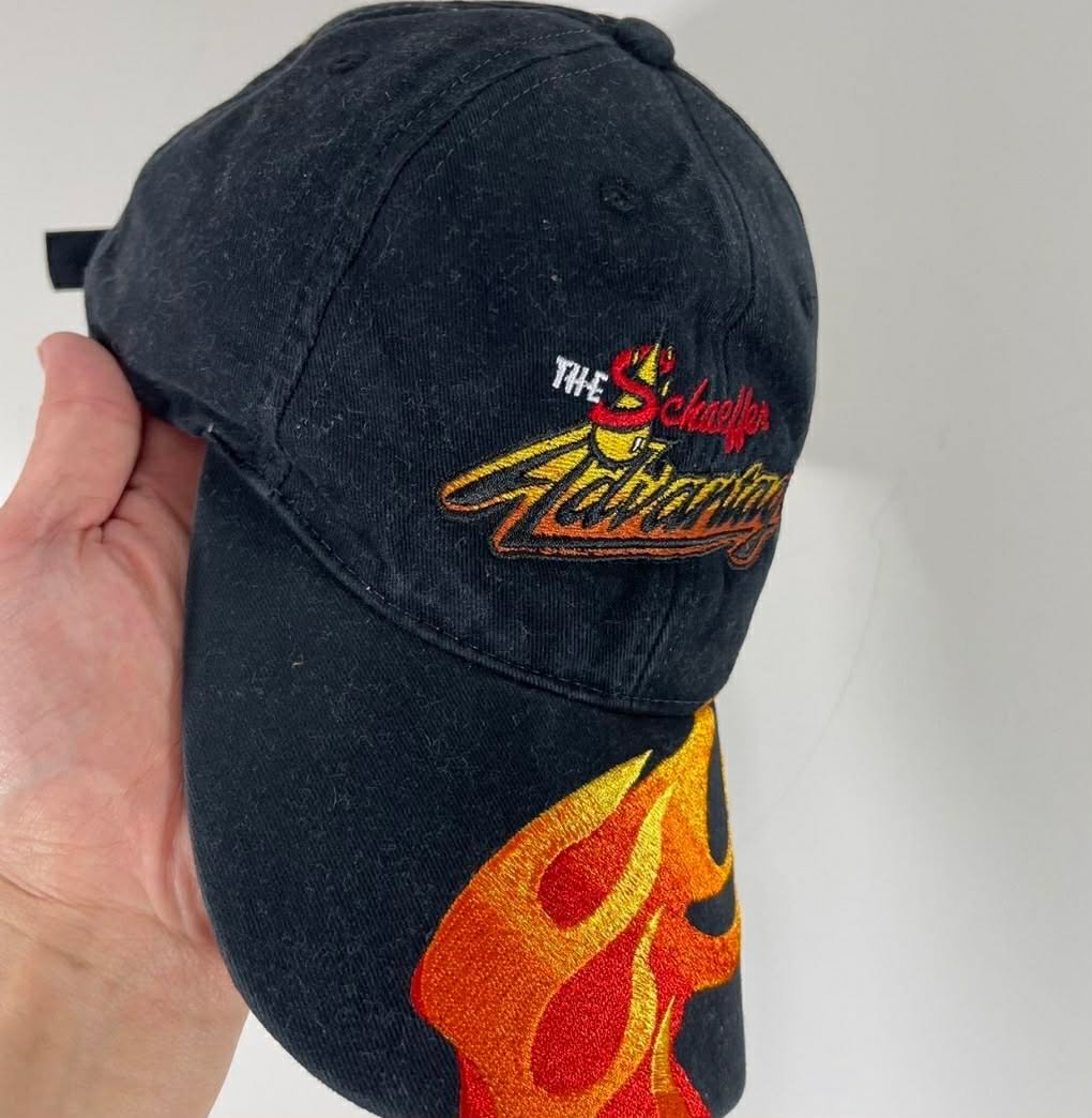 VINTAGE SCHAEFFER ADVANTAGE BLACK FLAME EMBROIDERED BASEBALL CAP