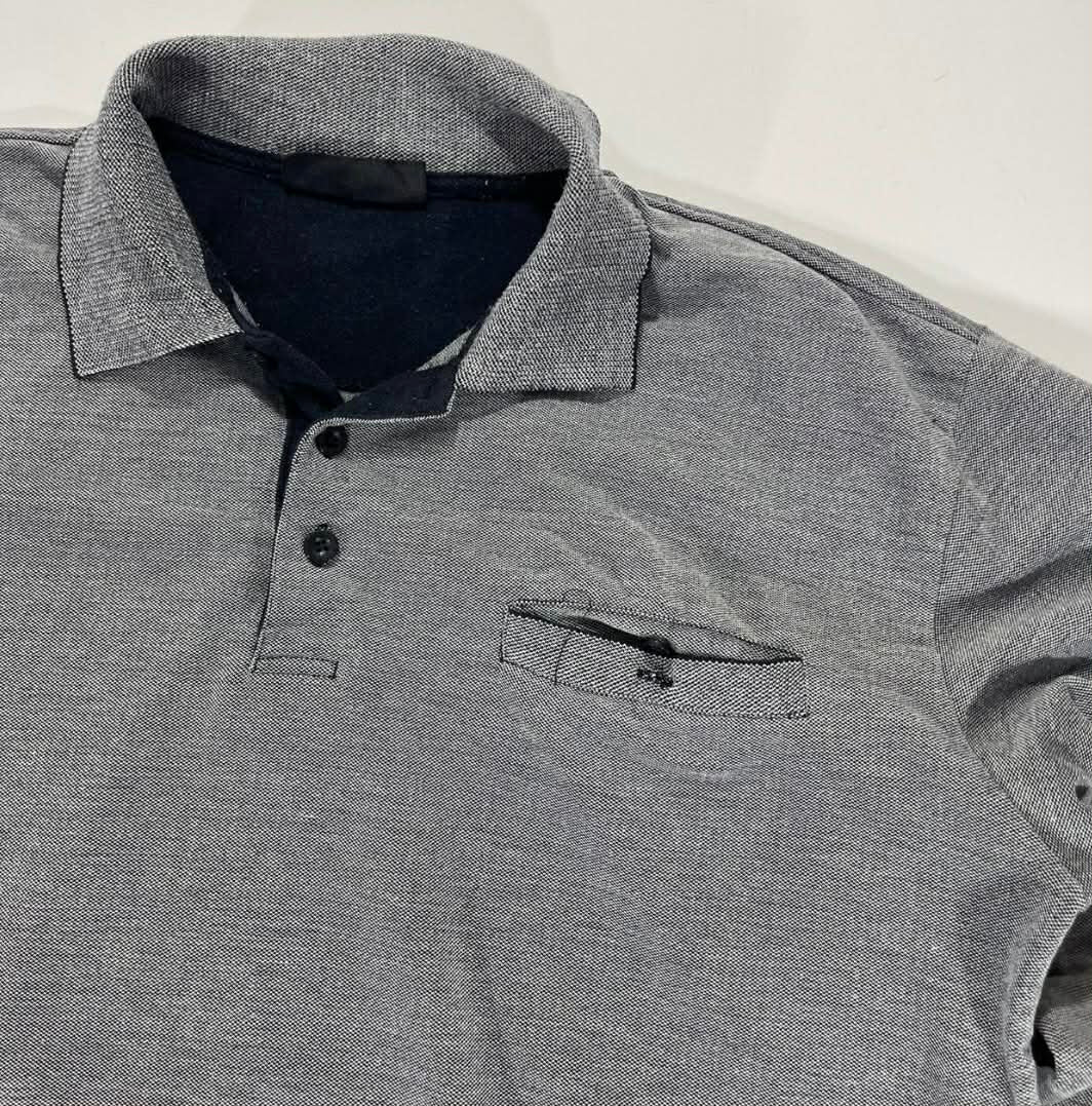 VINTAGE CHISEL GREY LONG SLEEVED POLO SHIRT WITH CONTRAST COLLAR AND CUFFS (L)