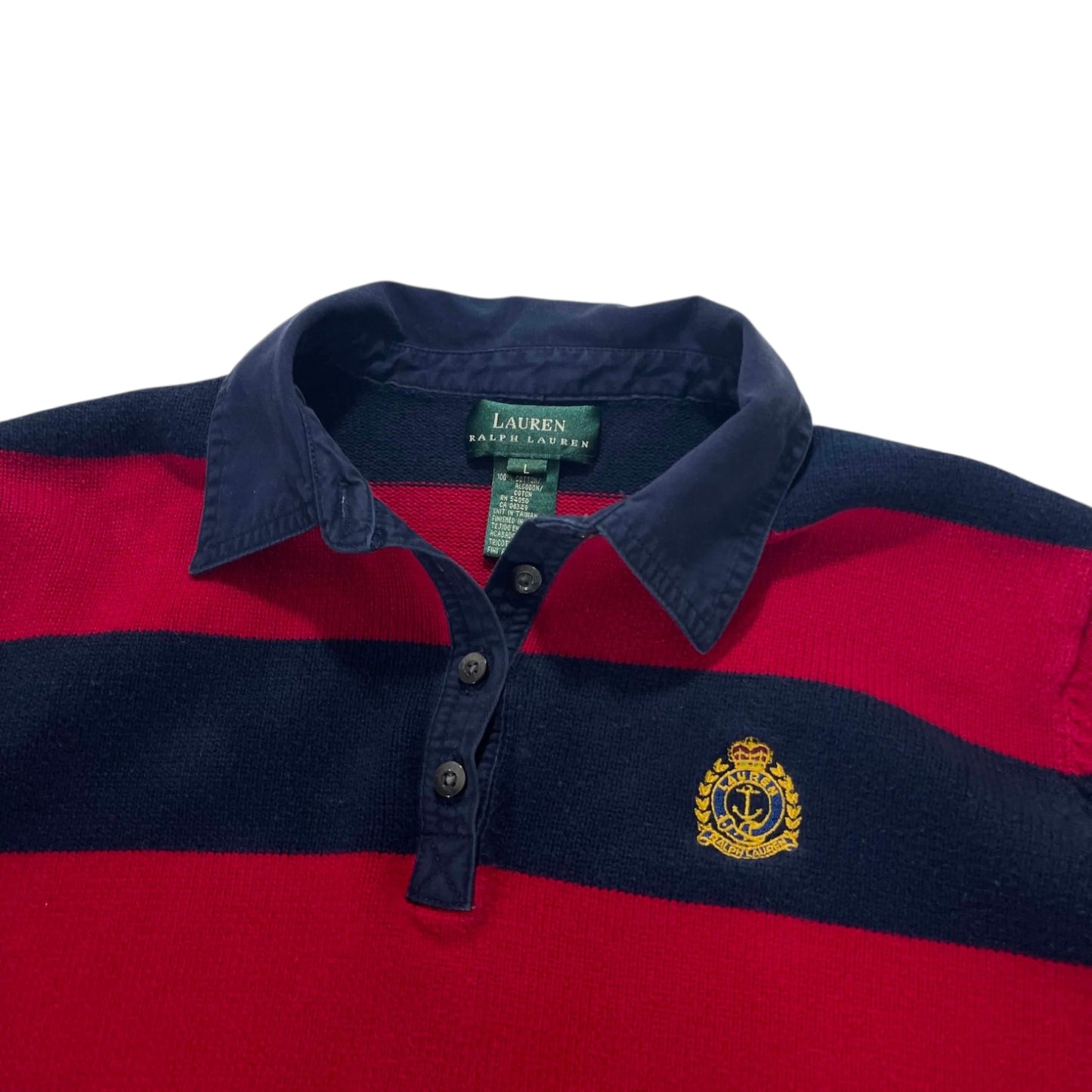 100% COTTON VINTAGE RALPH LAUREN RED AND NAVY SRRIPED RUGBY SHIRT (M)