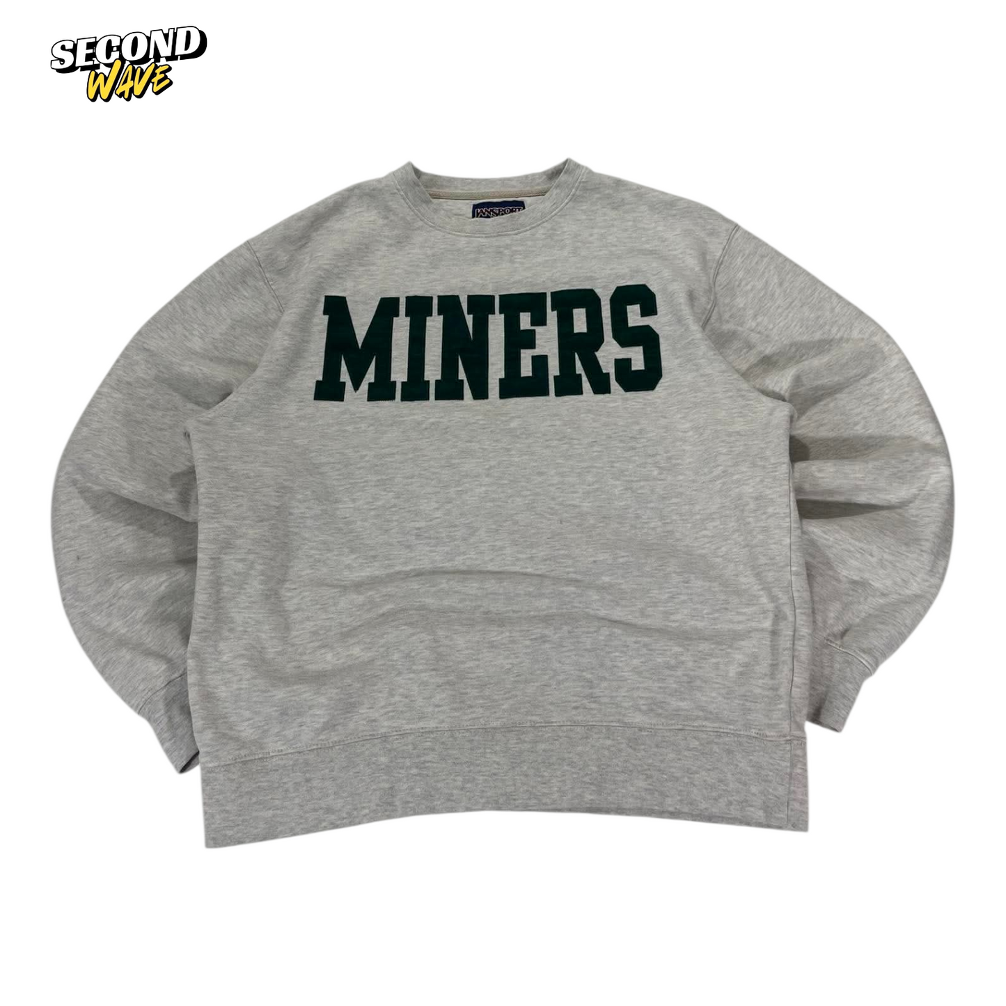 90S GREY AND GREEN EMBROIDERED JANSPORT MINERS CREWNECK (M)