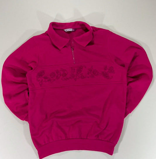 VINTAGE PICK A BERRY PINK QUARTER ZIP SWEATSHIRT WITH FLORAL EMBROIDERY (S-M)