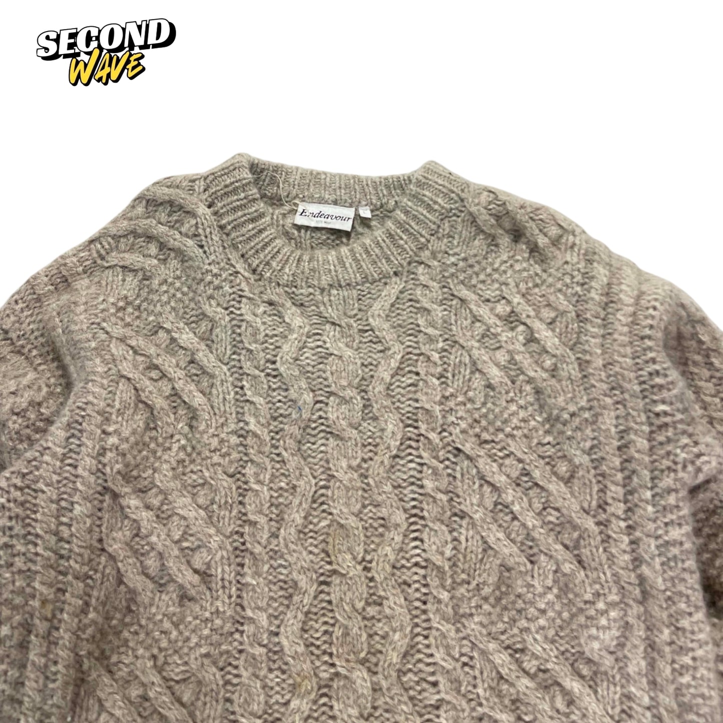 100% WOOL 90S BROWN CABLE KNIT SWEATER (L)