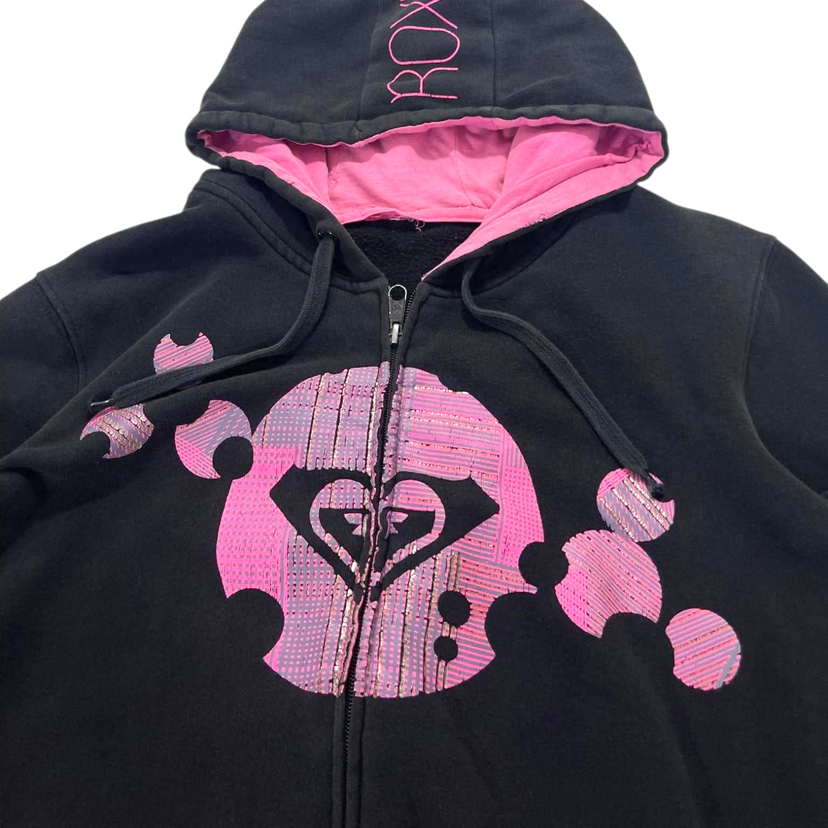 Y2K TRASHED VIBES ROXY BLACK ZIP UP HOODIE (M)