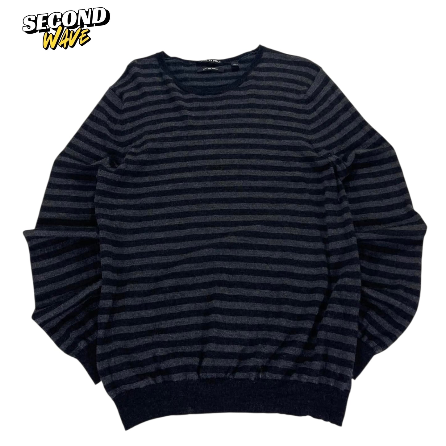 COUNTRY ROAD NAVY BLUE STRIPED EXTRA FINE MERINO WOOL SWEATER (M)