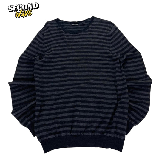 COUNTRY ROAD NAVY BLUE STRIPED EXTRA FINE MERINO WOOL SWEATER (M)