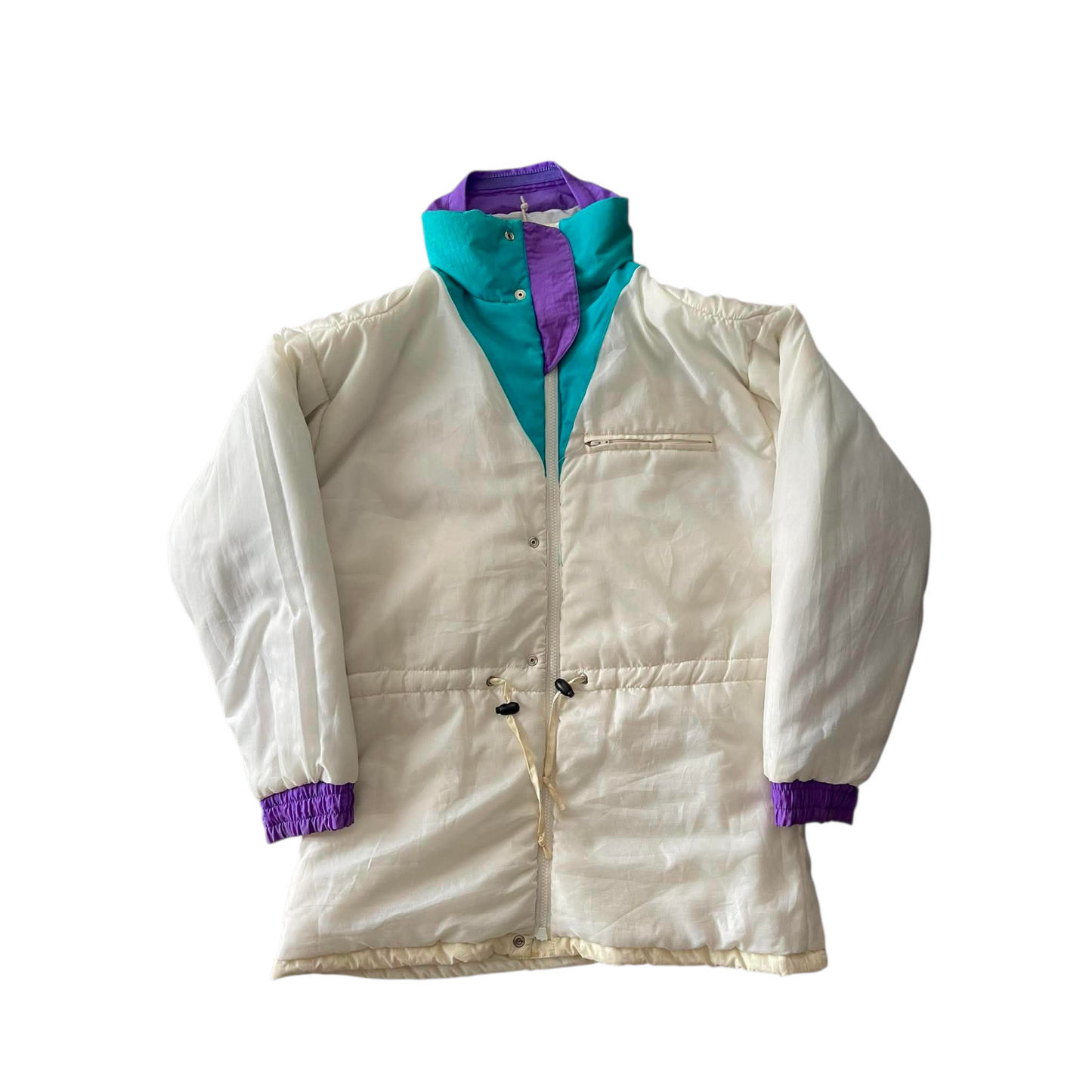 CREAM AND PURPLE VINTAGE REVERSIBLE SKI JACKET WITH HOOD (L)