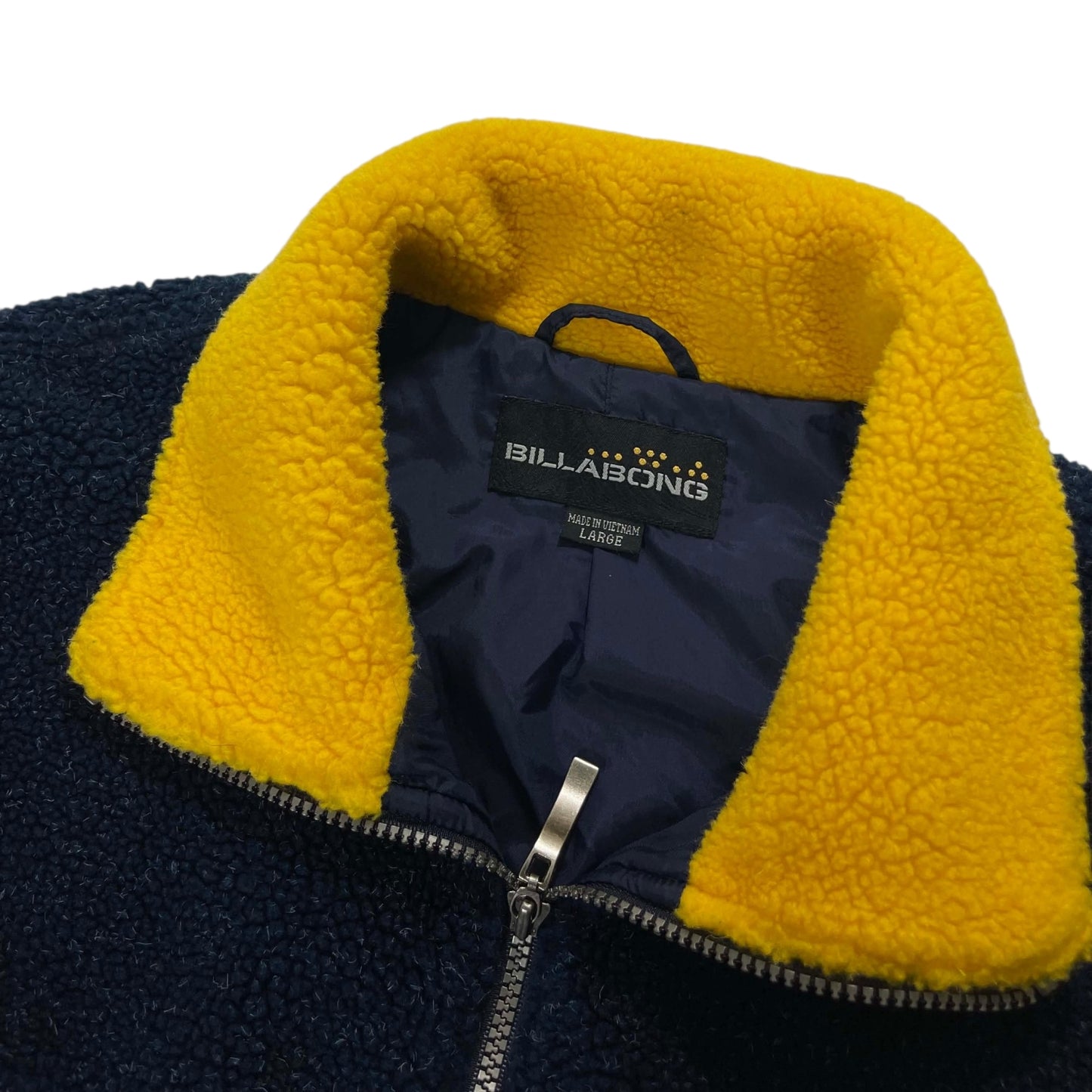 VINTAGE BILLABONG NAVY & YELLOW FLEECE JACKET (L)