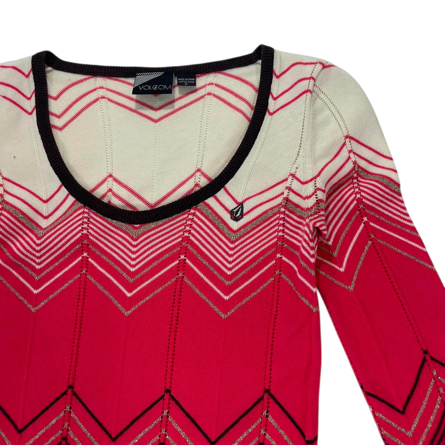 VOLCOM PINK & BLACK STRIPED LONG SLEEVE TOP (M)